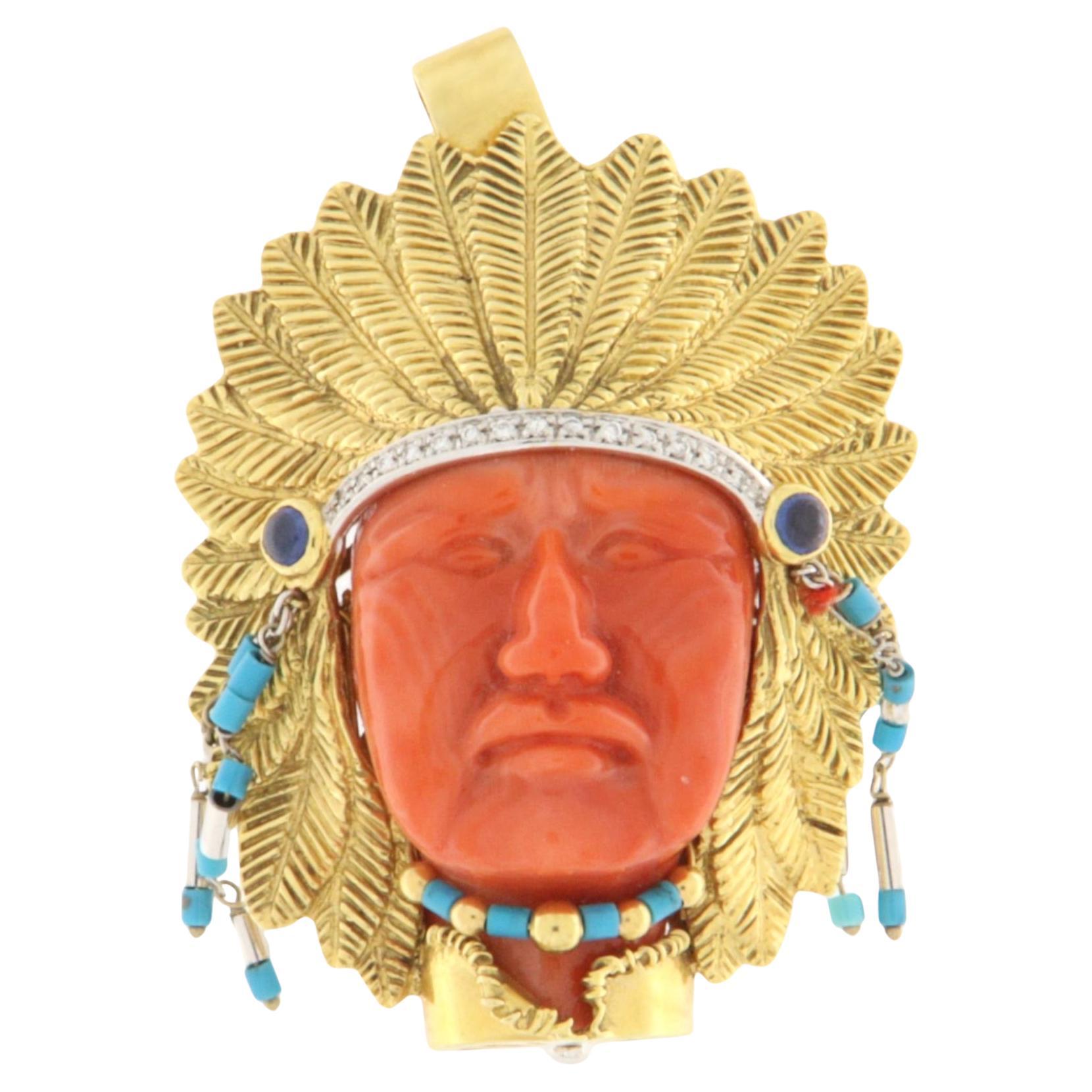 Corail Diamants Saphirs Turquoise Pendentif tête indienne en or jaune 18kt