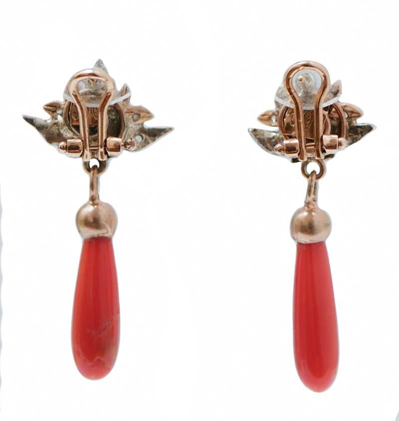 Pendientes de Coral, Diamantes, Piedras, Perlas, Oro Rosa y Plata. Retro en venta
