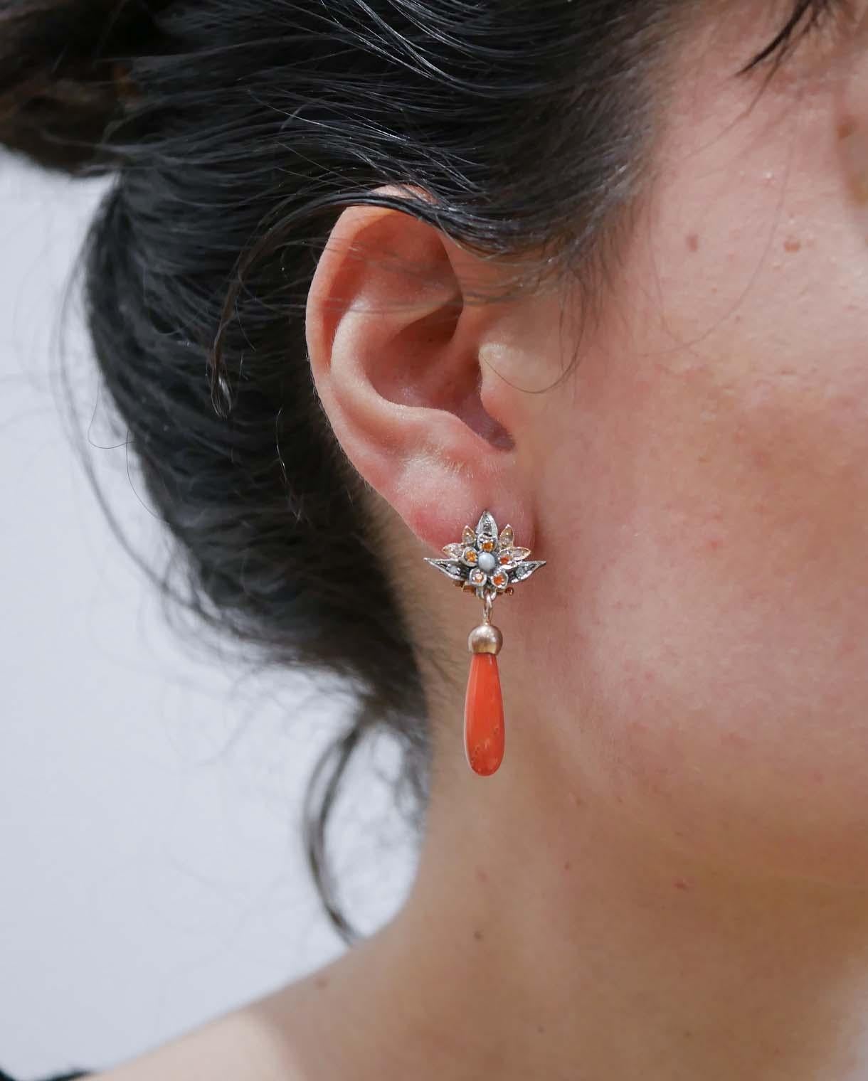 Pendientes de Coral, Diamantes, Piedras, Perlas, Oro Rosa y Plata. Corte mixto en venta