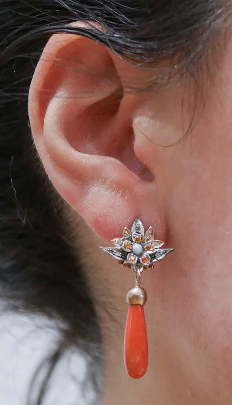 Pendientes de Coral, Diamantes, Piedras, Perlas, Oro Rosa y Plata. en Bueno estado para la venta en Marcianise, Marcianise (CE)
