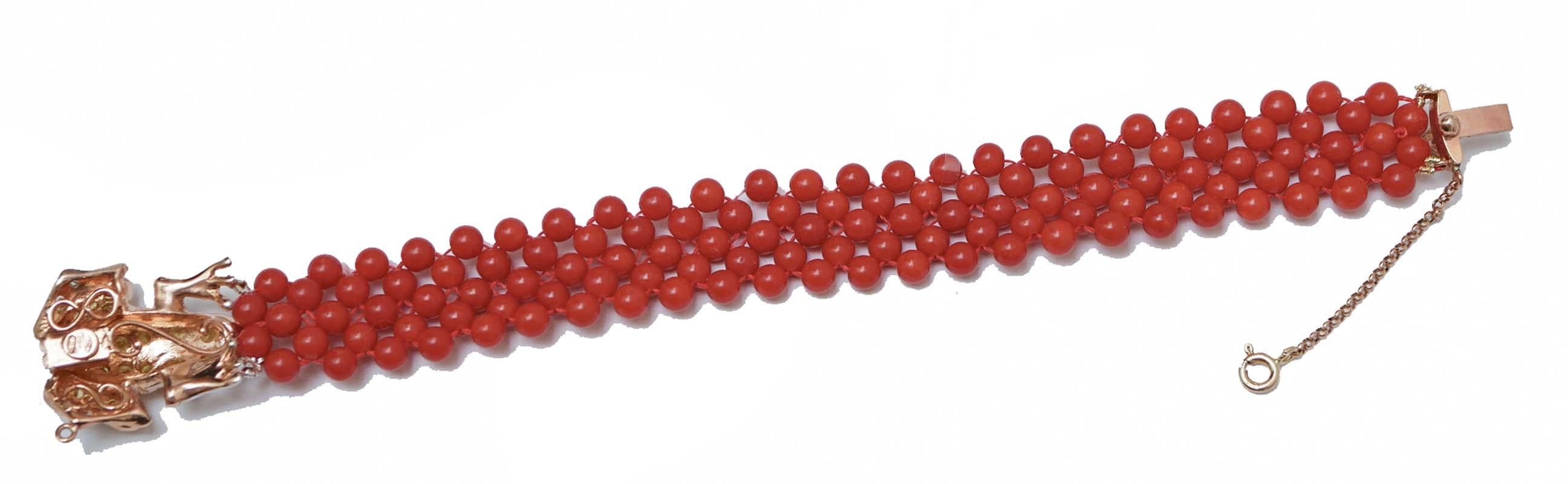 Retro Coral, Diamonds, Stones, Rose Gold and Silver Frog Bracelet. For Sale
