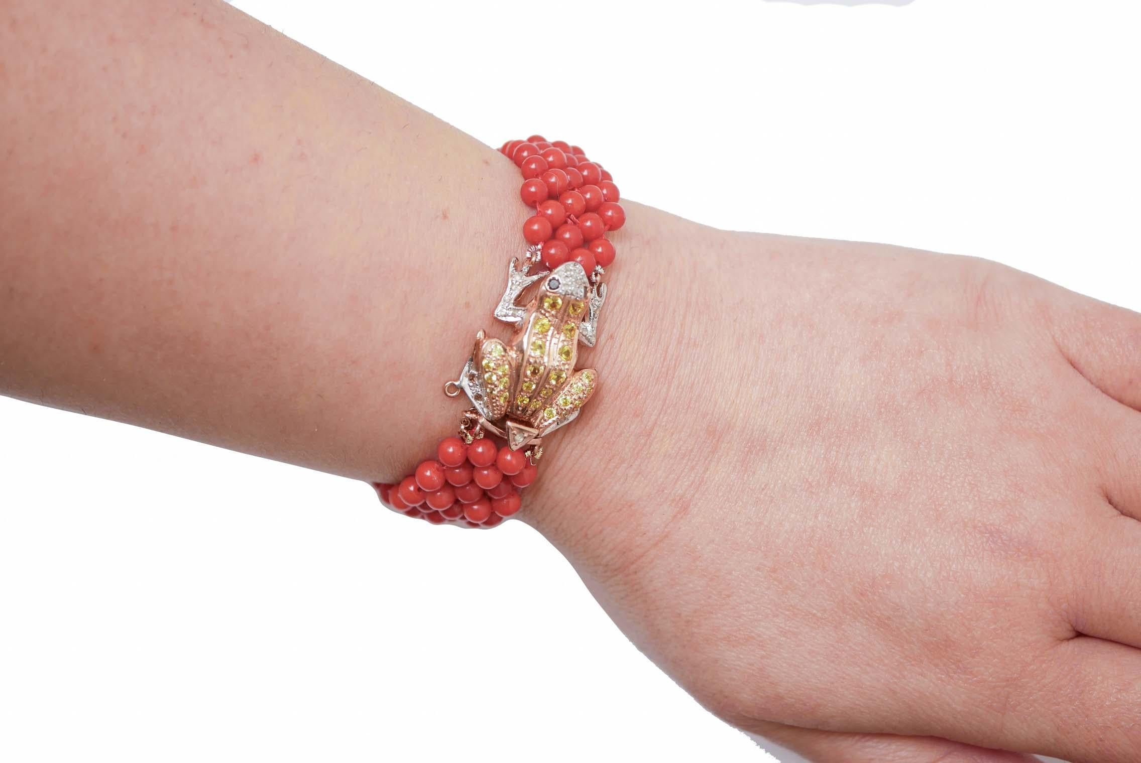 Mixed Cut Coral, Diamonds, Stones, Rose Gold and Silver Frog Bracelet. For Sale