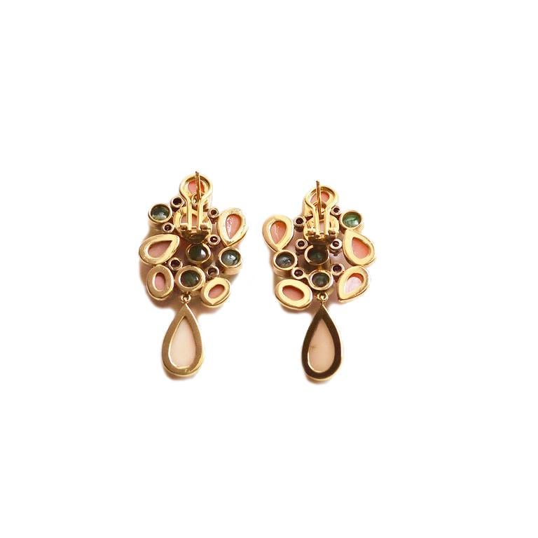 Artist Coral Diamonds Tourmaline 18 Karat Yellow Gold Earrings For Sale