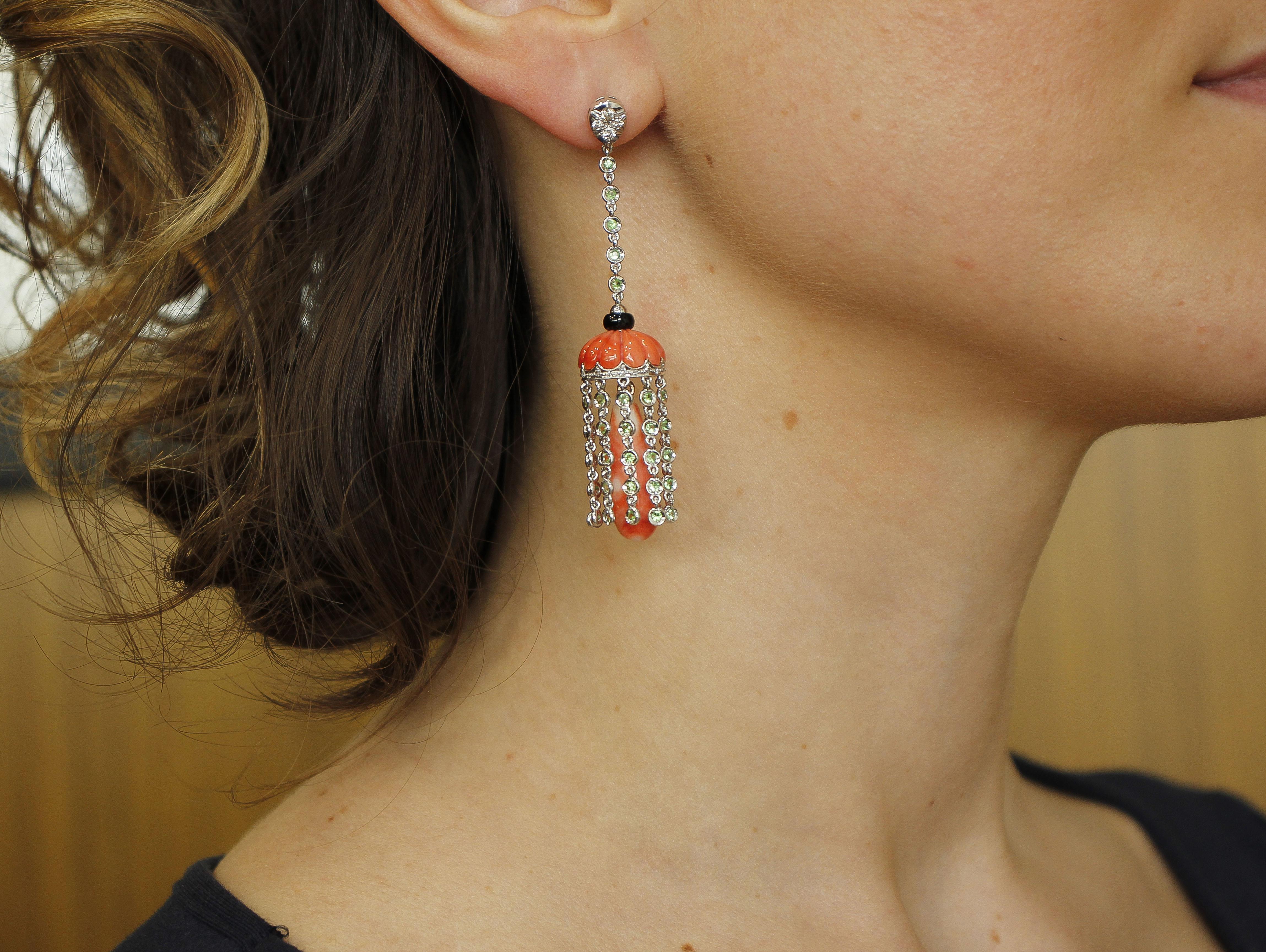 Women's Red Coral, Diamonds, Tsavorite, Onyx 14 Karat White Gold Dangle Earrings