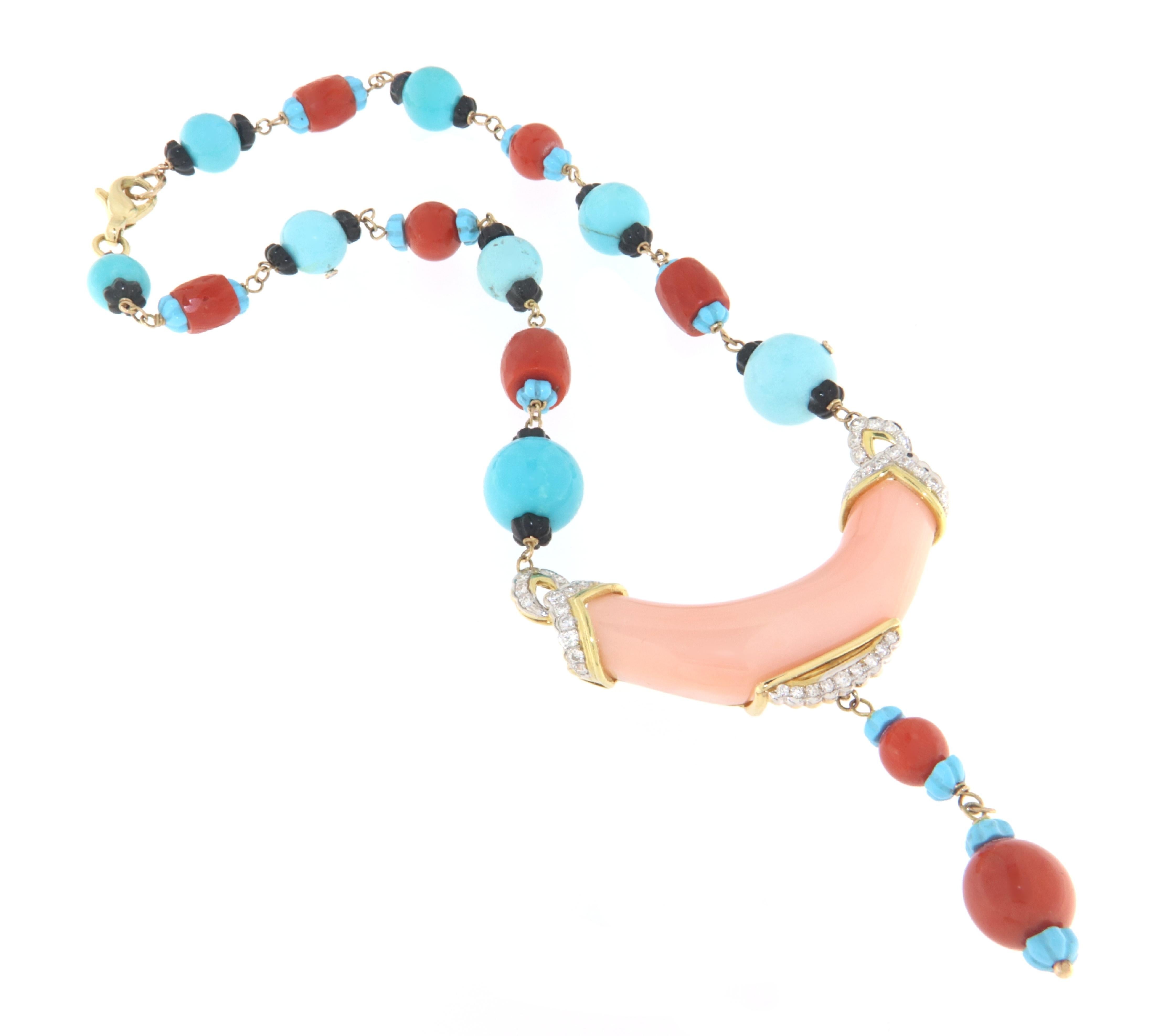 Artisan Coral Diamonds Turquoise Onyx 18 Karat Yellow Gold Choker Necklace For Sale