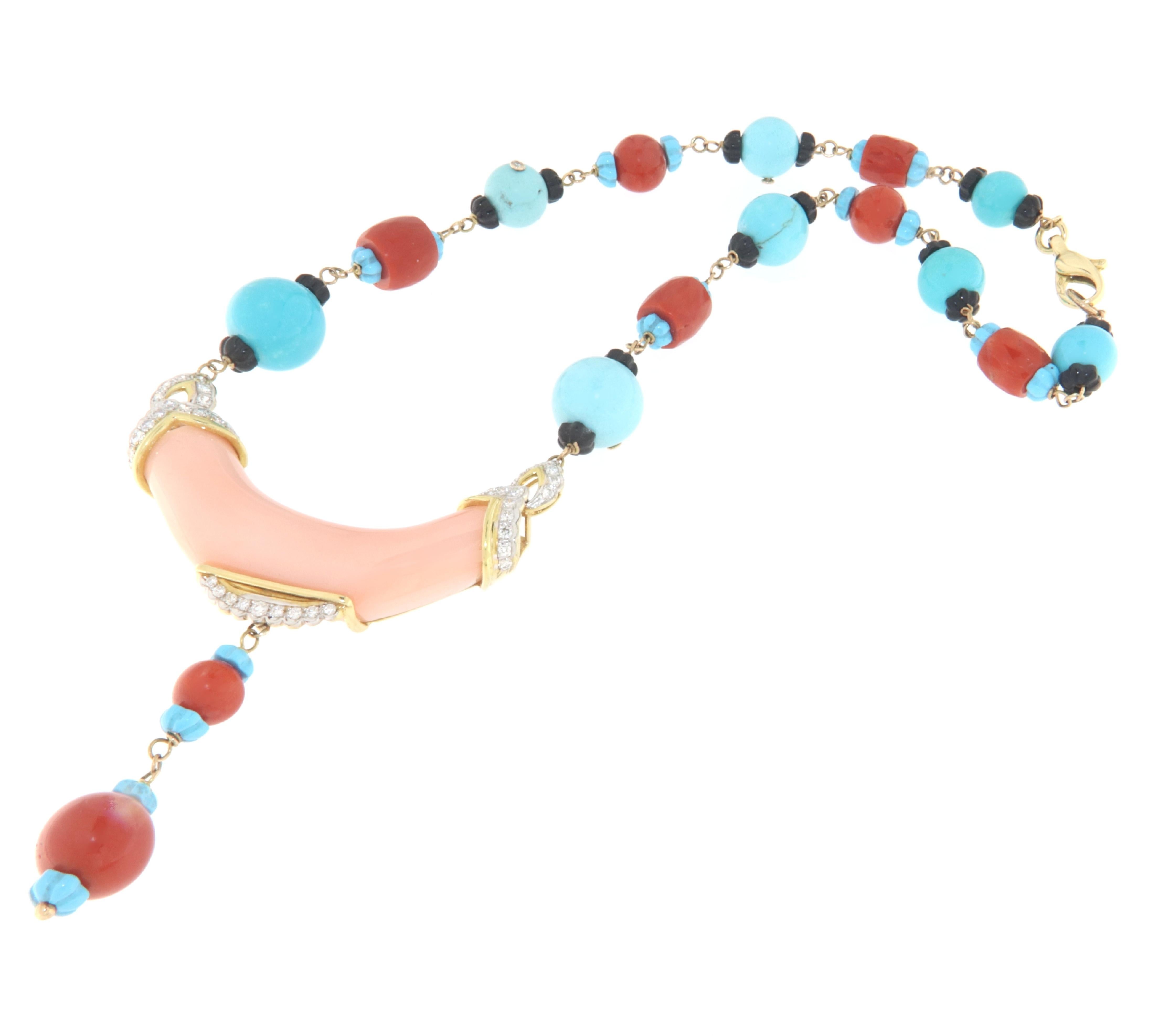 Brilliant Cut Coral Diamonds Turquoise Onyx 18 Karat Yellow Gold Choker Necklace For Sale