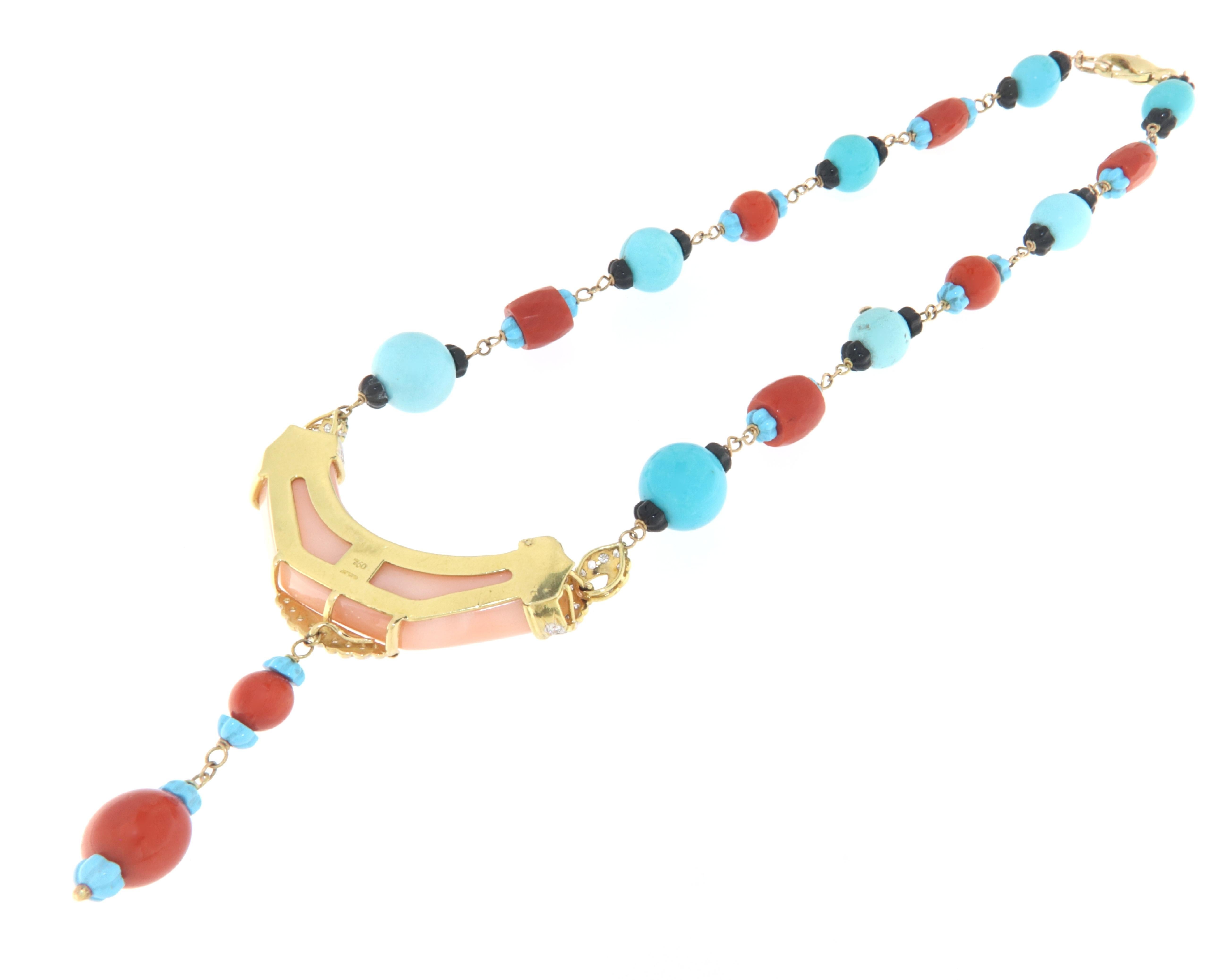 Coral Diamonds Turquoise Onyx 18 Karat Yellow Gold Choker Necklace In New Condition For Sale In Marcianise, IT