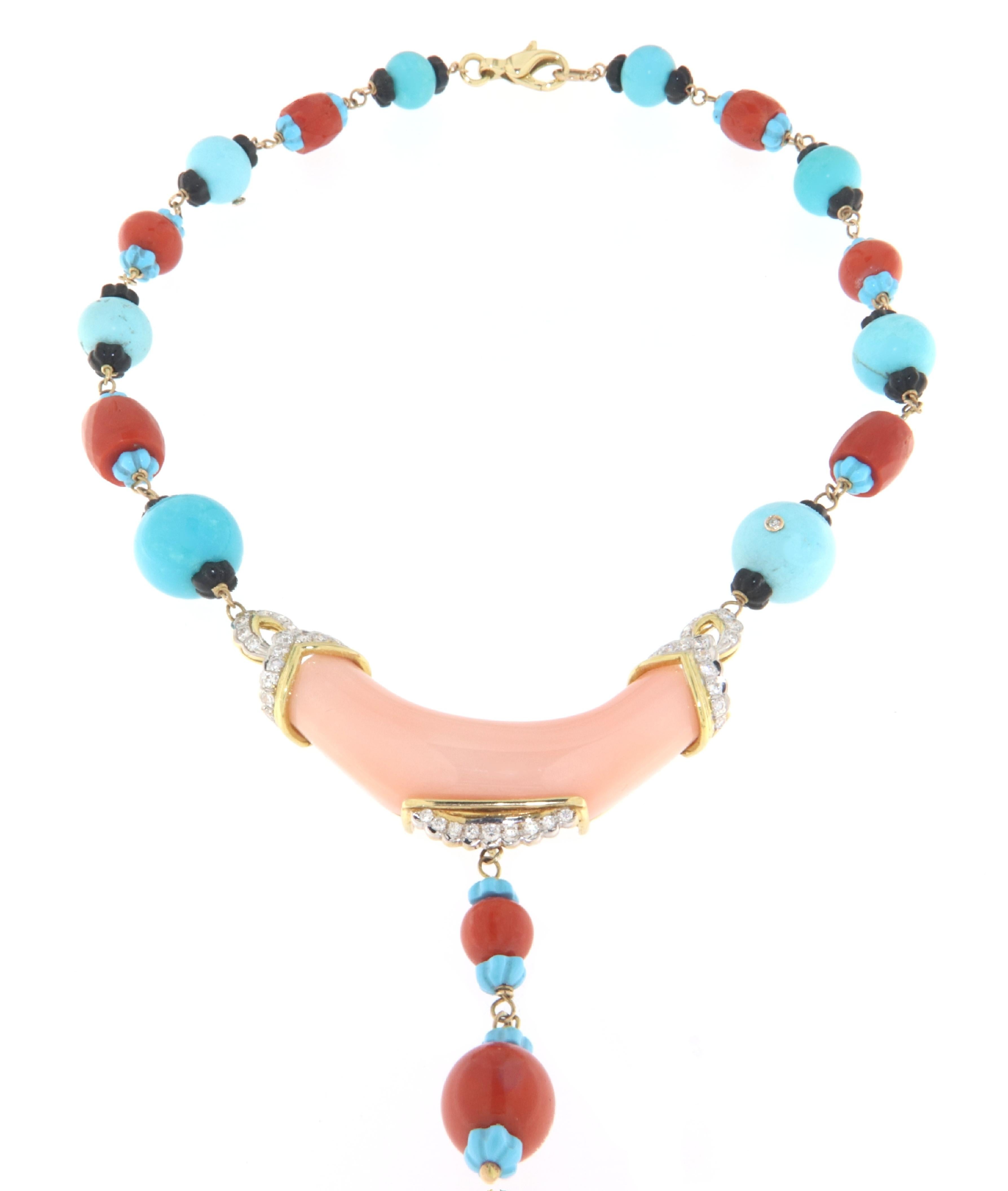 Women's or Men's Coral Diamonds Turquoise Onyx 18 Karat Yellow Gold Choker Necklace For Sale