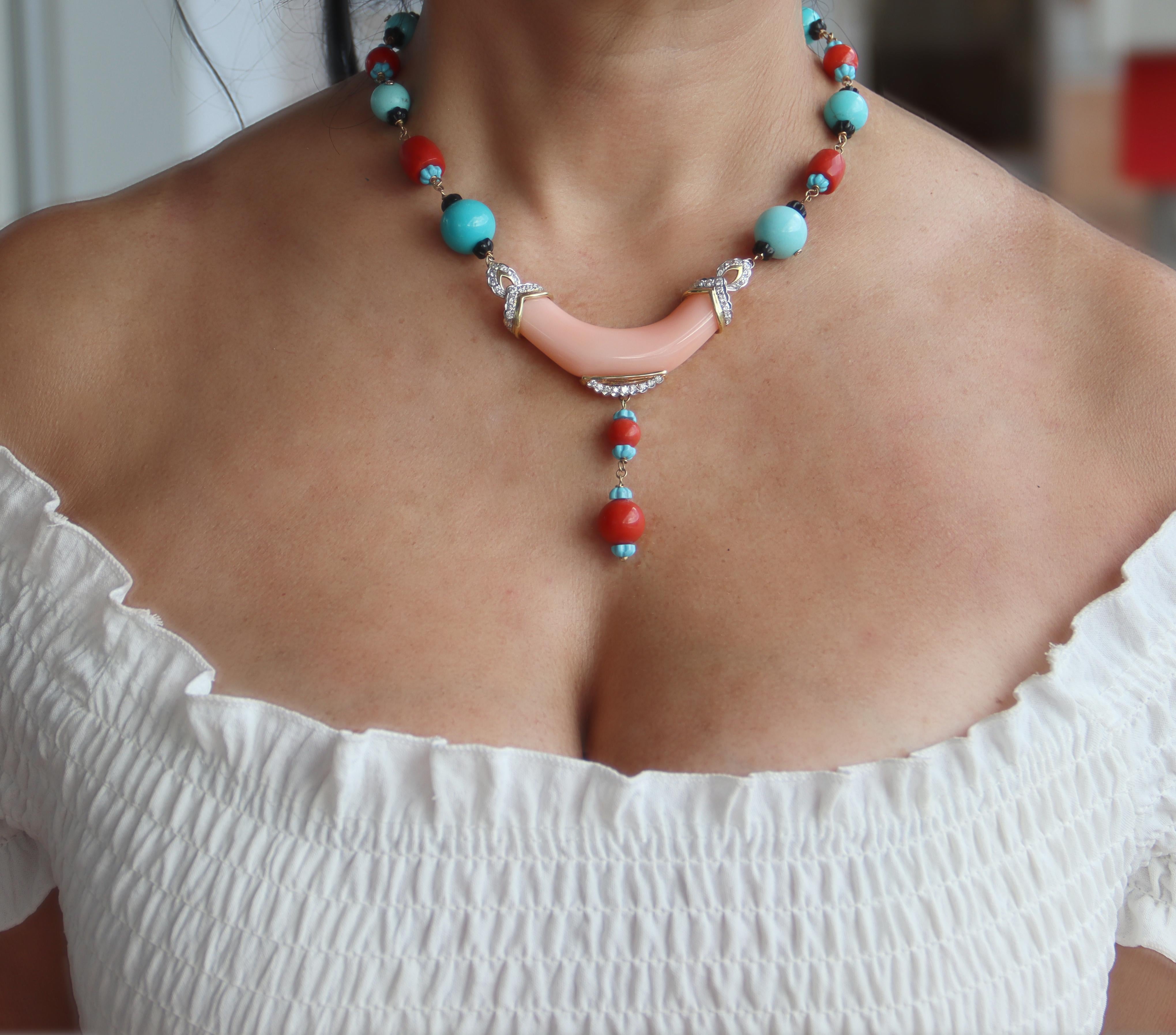Coral Diamonds Turquoise Onyx 18 Karat Yellow Gold Choker Necklace For Sale 1