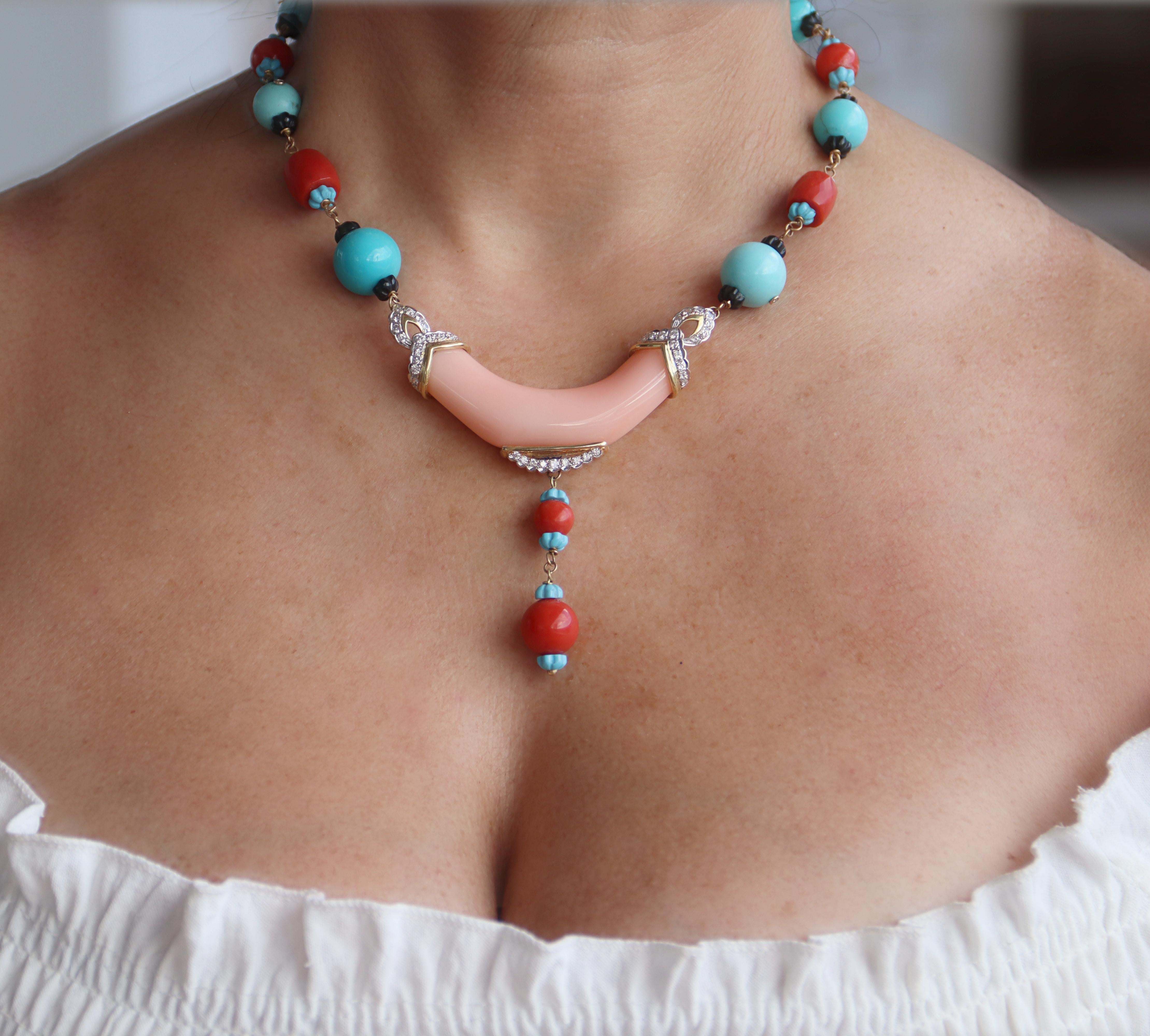 Coral Diamonds Turquoise Onyx 18 Karat Yellow Gold Choker Necklace For Sale 2