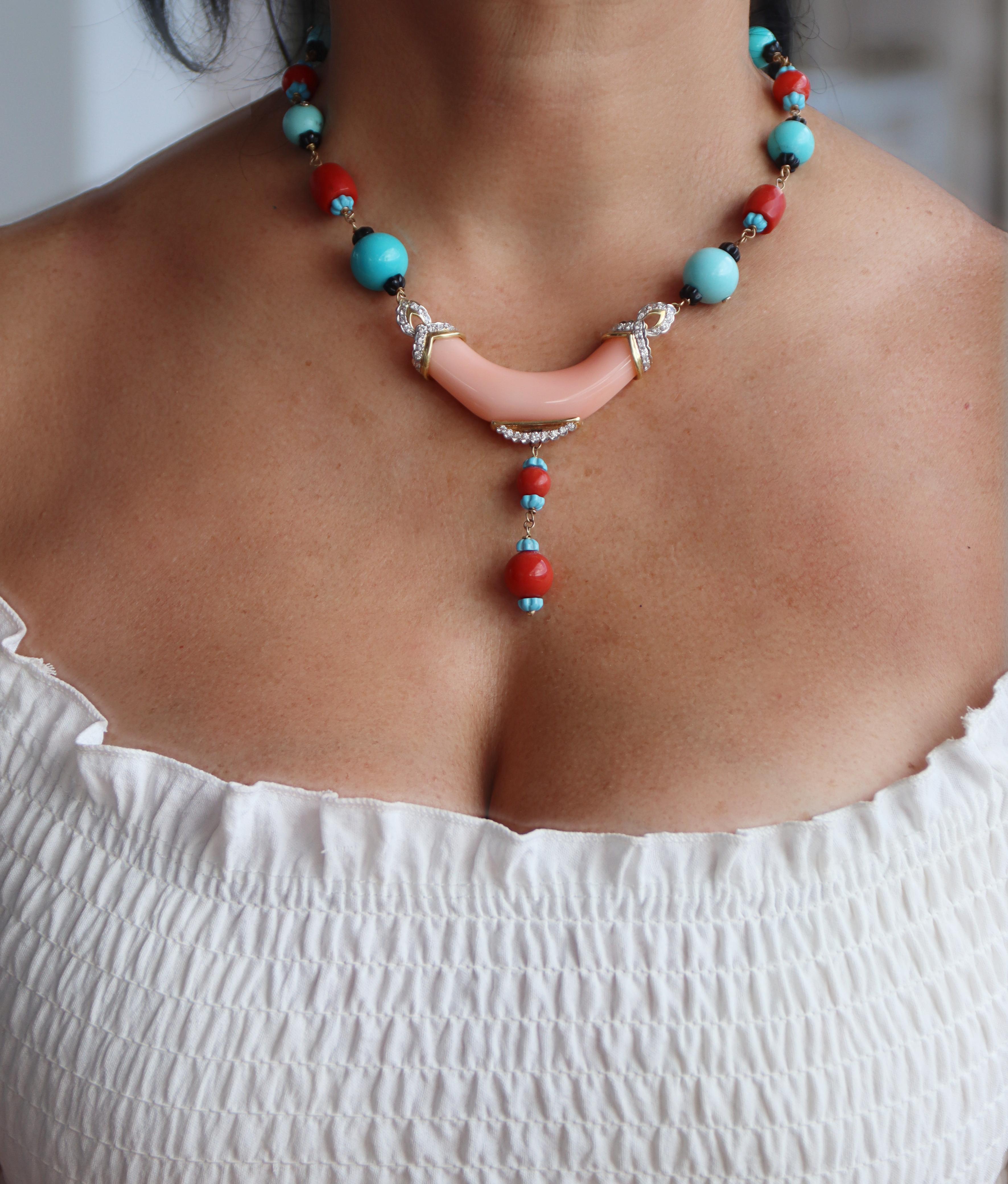 Coral Diamonds Turquoise Onyx 18 Karat Yellow Gold Choker Necklace For Sale 3