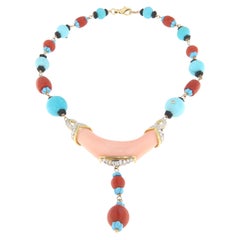 Coral Diamonds Turquoise Onyx 18 Karat Yellow Gold Choker Necklace