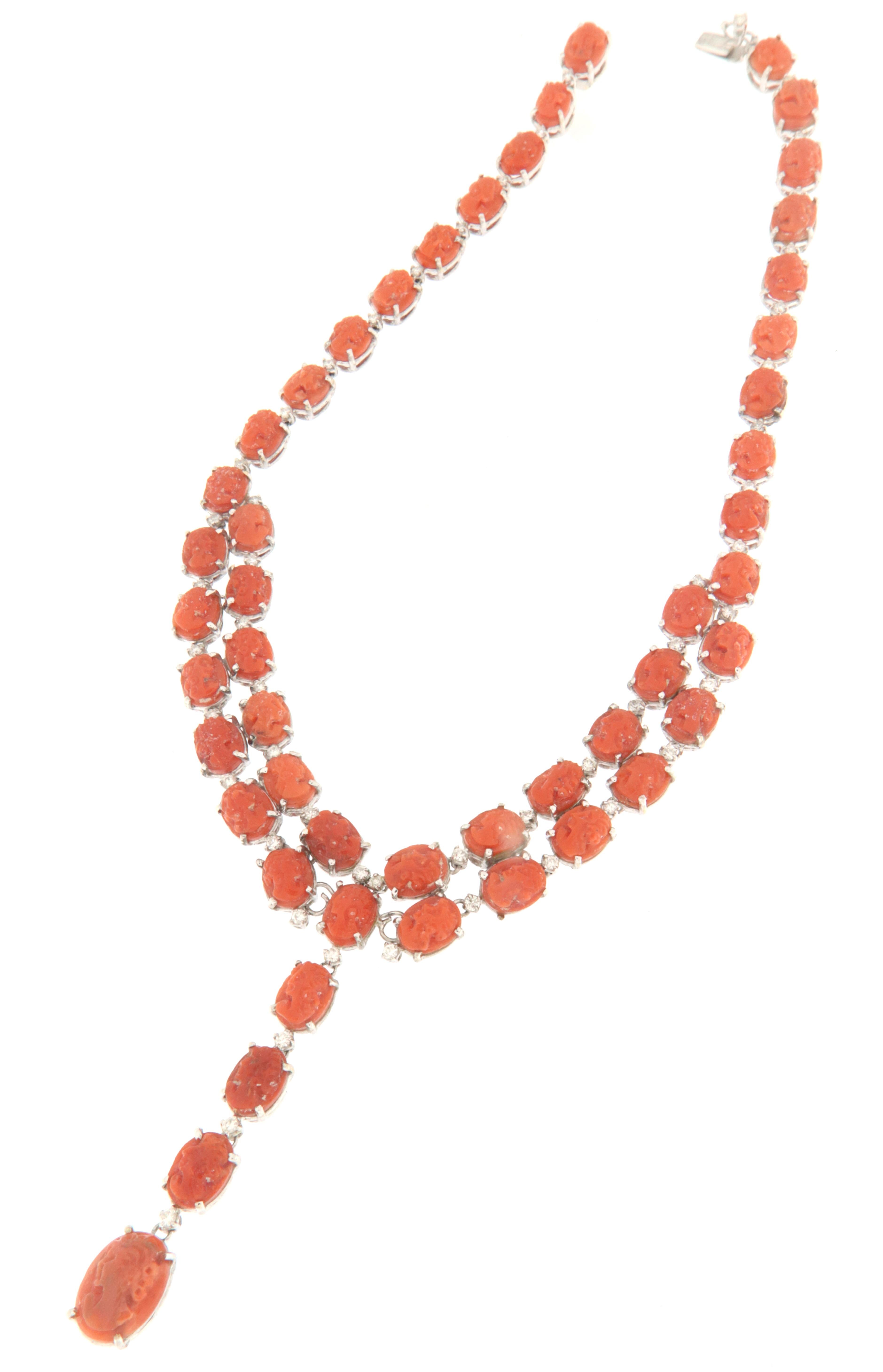 Contemporary Coral Diamonds White Gold 18 Karat Choker Necklace For Sale
