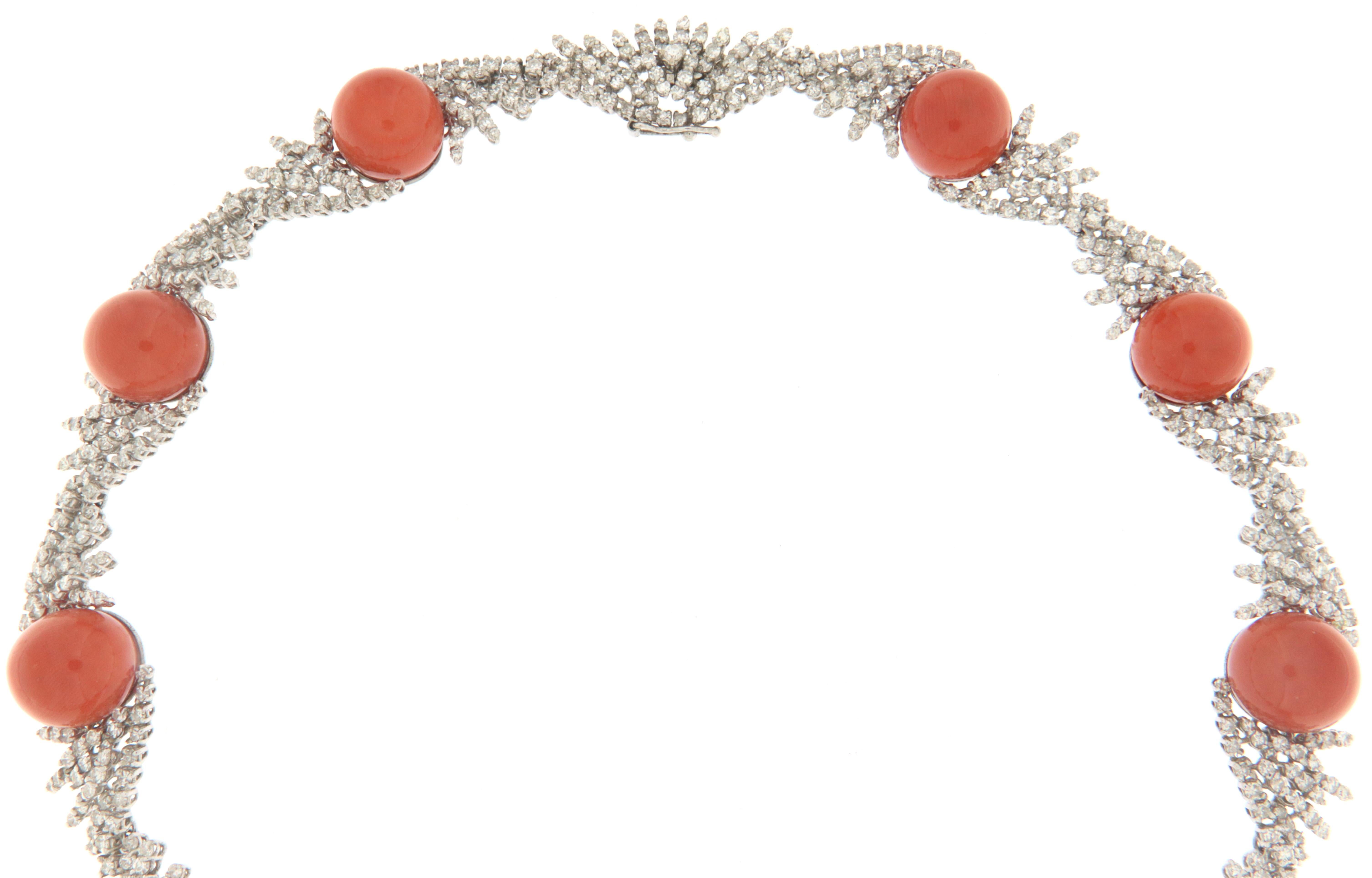 Artisan Coral Diamonds White Gold 18 Karat Choker Necklace