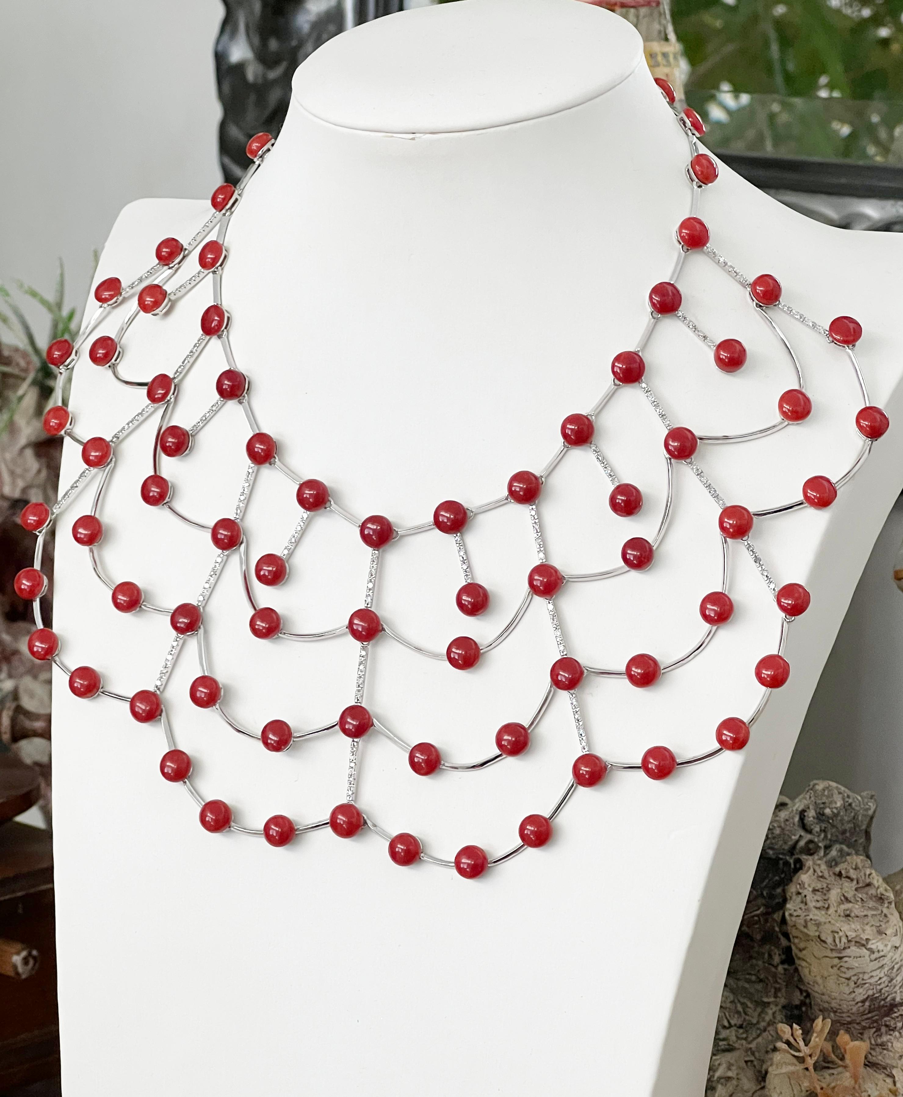 Artisan Coral Diamonds White Gold 18 Karat Choker Necklace For Sale