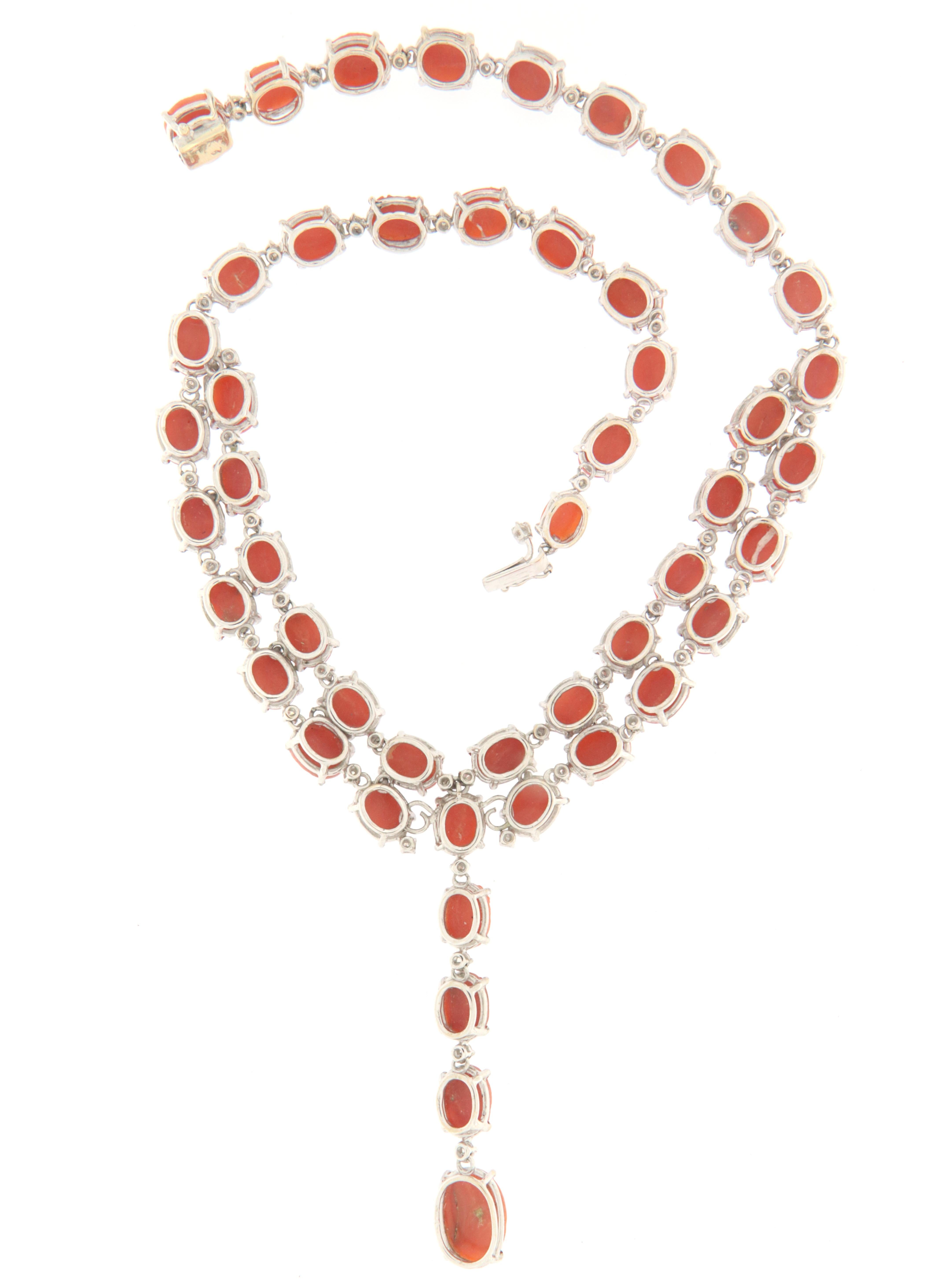 Brilliant Cut Coral Diamonds White Gold 18 Karat Choker Necklace For Sale