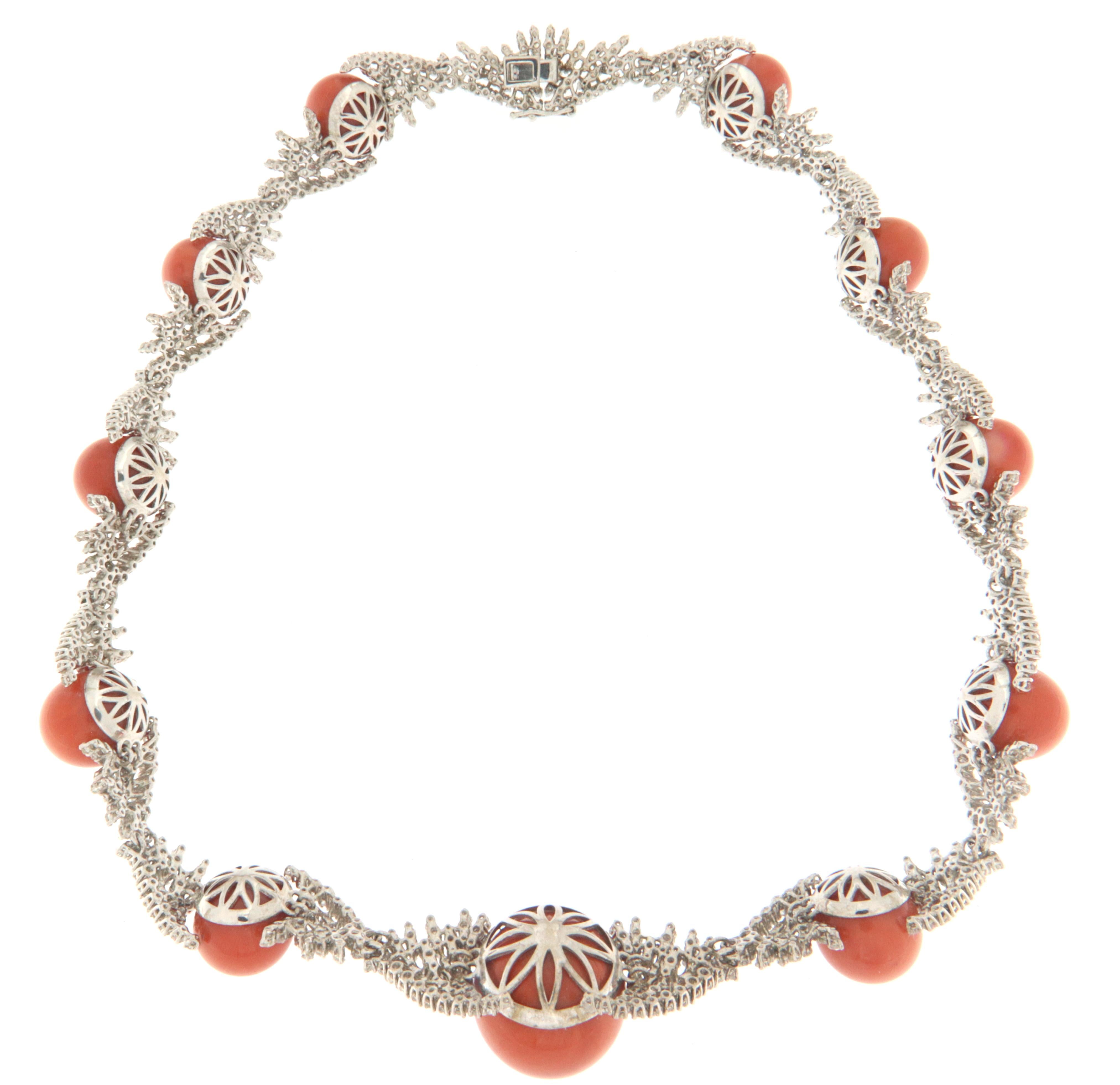 Brilliant Cut Coral Diamonds White Gold 18 Karat Choker Necklace
