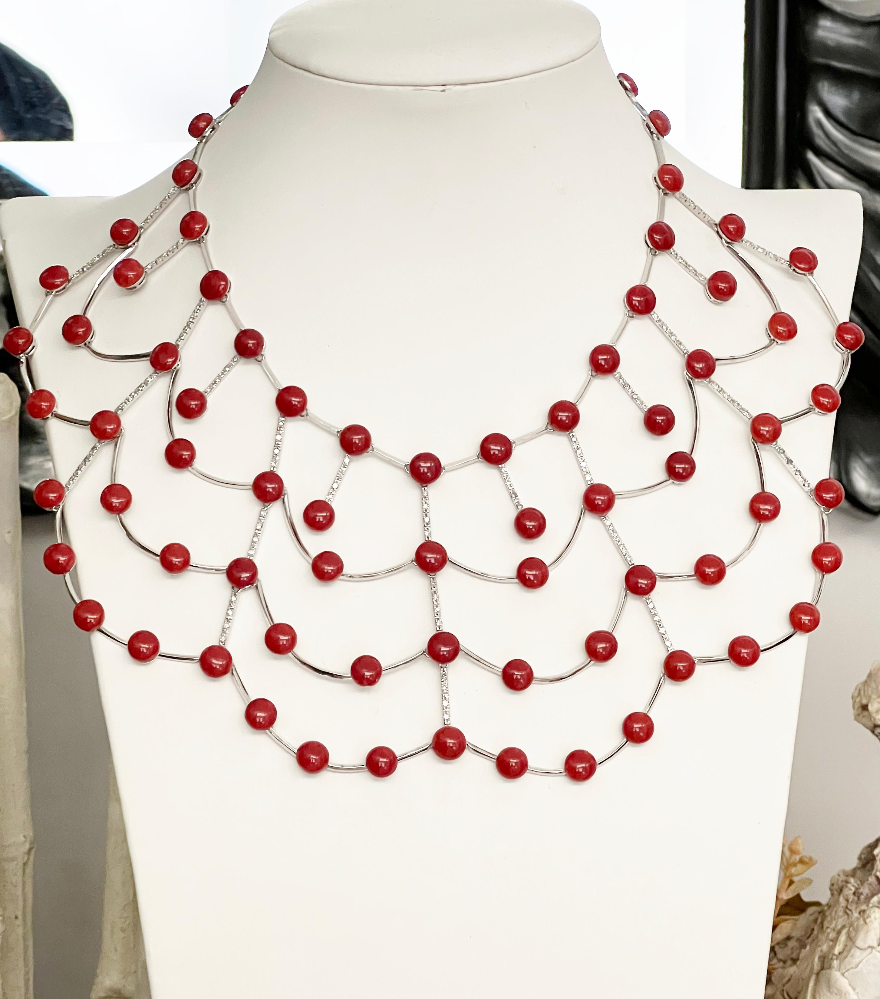 Women's Coral Diamonds White Gold 18 Karat Choker Necklace For Sale