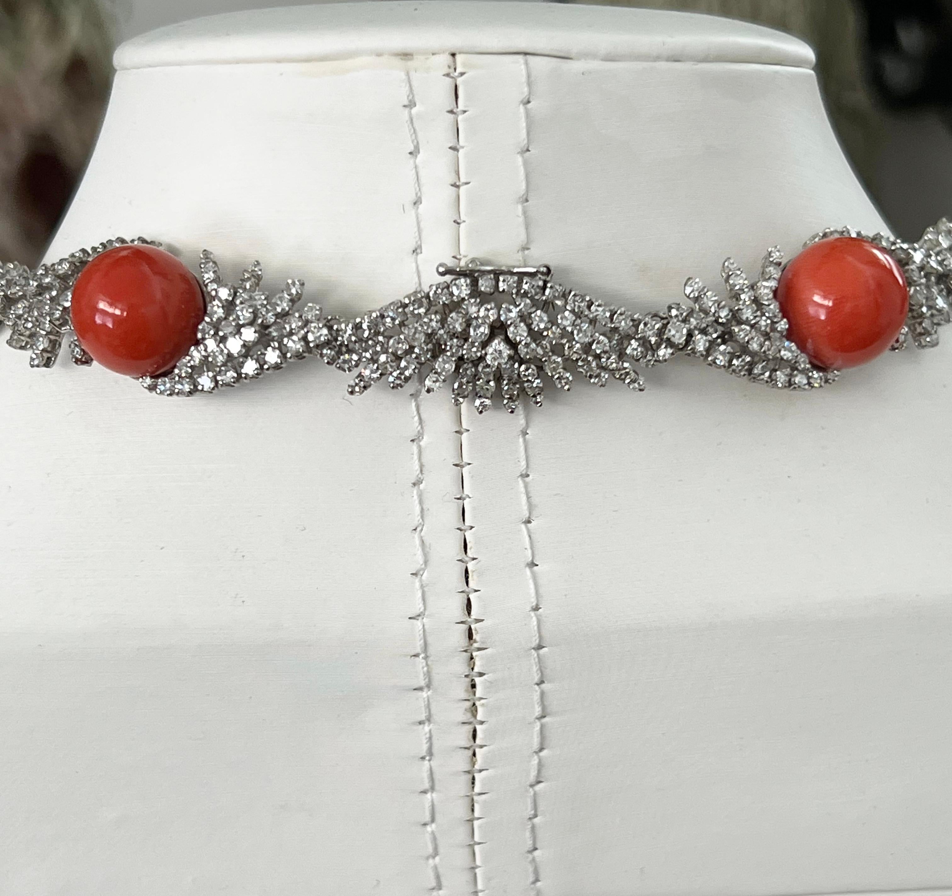 Coral Diamonds White Gold 18 Karat Choker Necklace For Sale 1