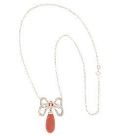 Art Nouveau 18k White Gold Coral & Diamond Drop Necklace, Italy