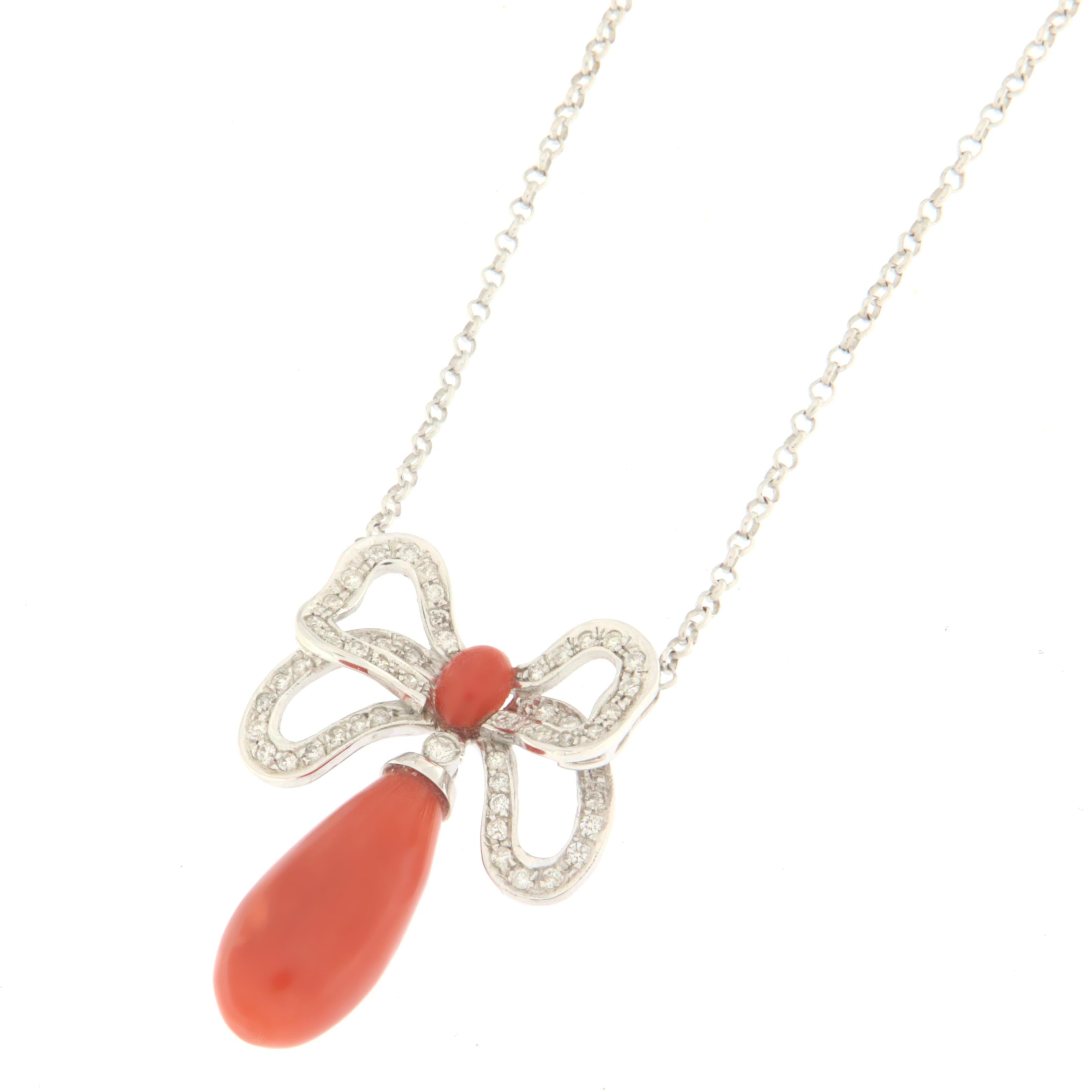 Art Nouveau Coral Diamonds White Gold 18 Karat  Drop Necklace For Sale