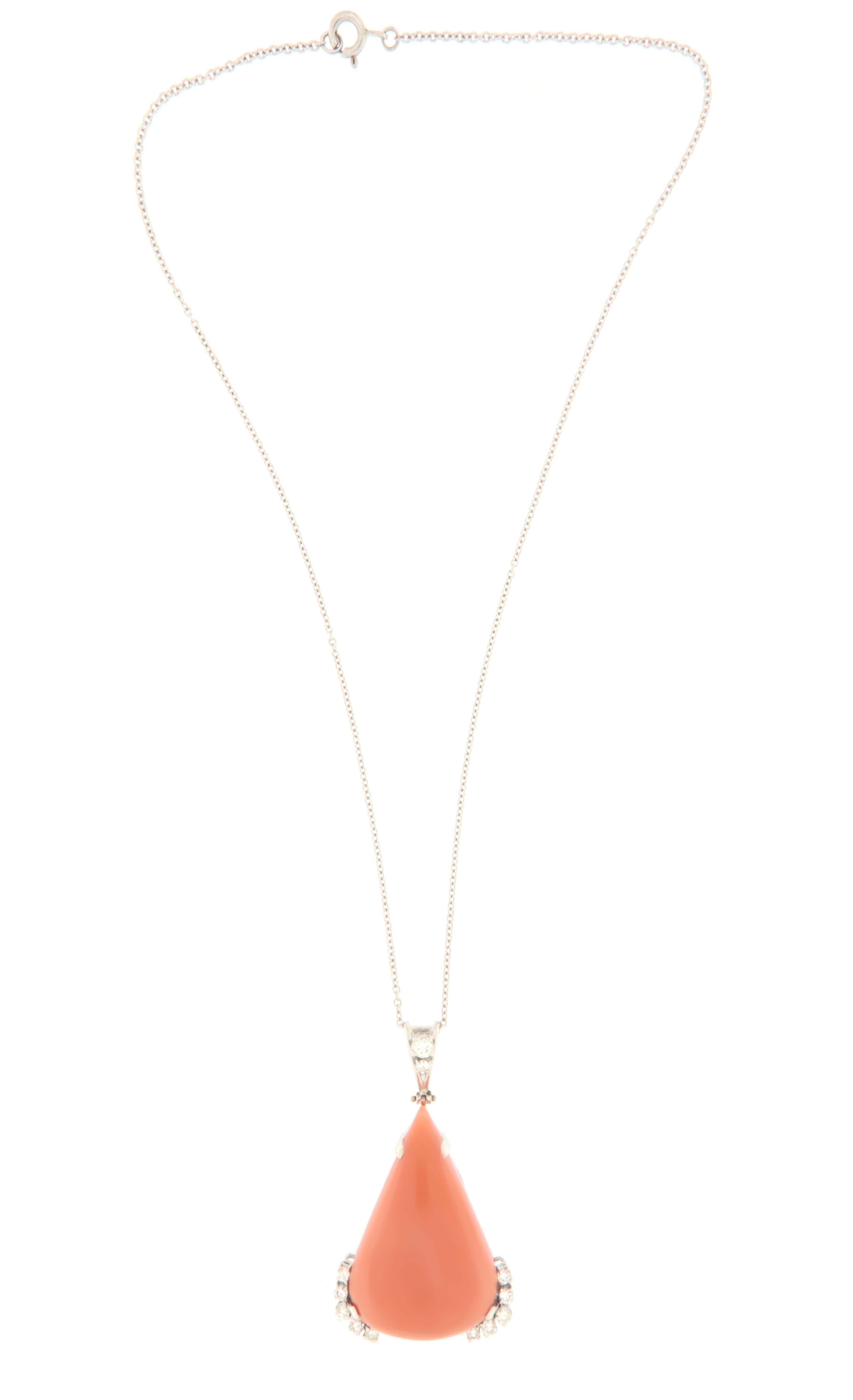 Coral Diamonds White Gold 18 Karat Drop Necklace In New Condition For Sale In Marcianise, IT