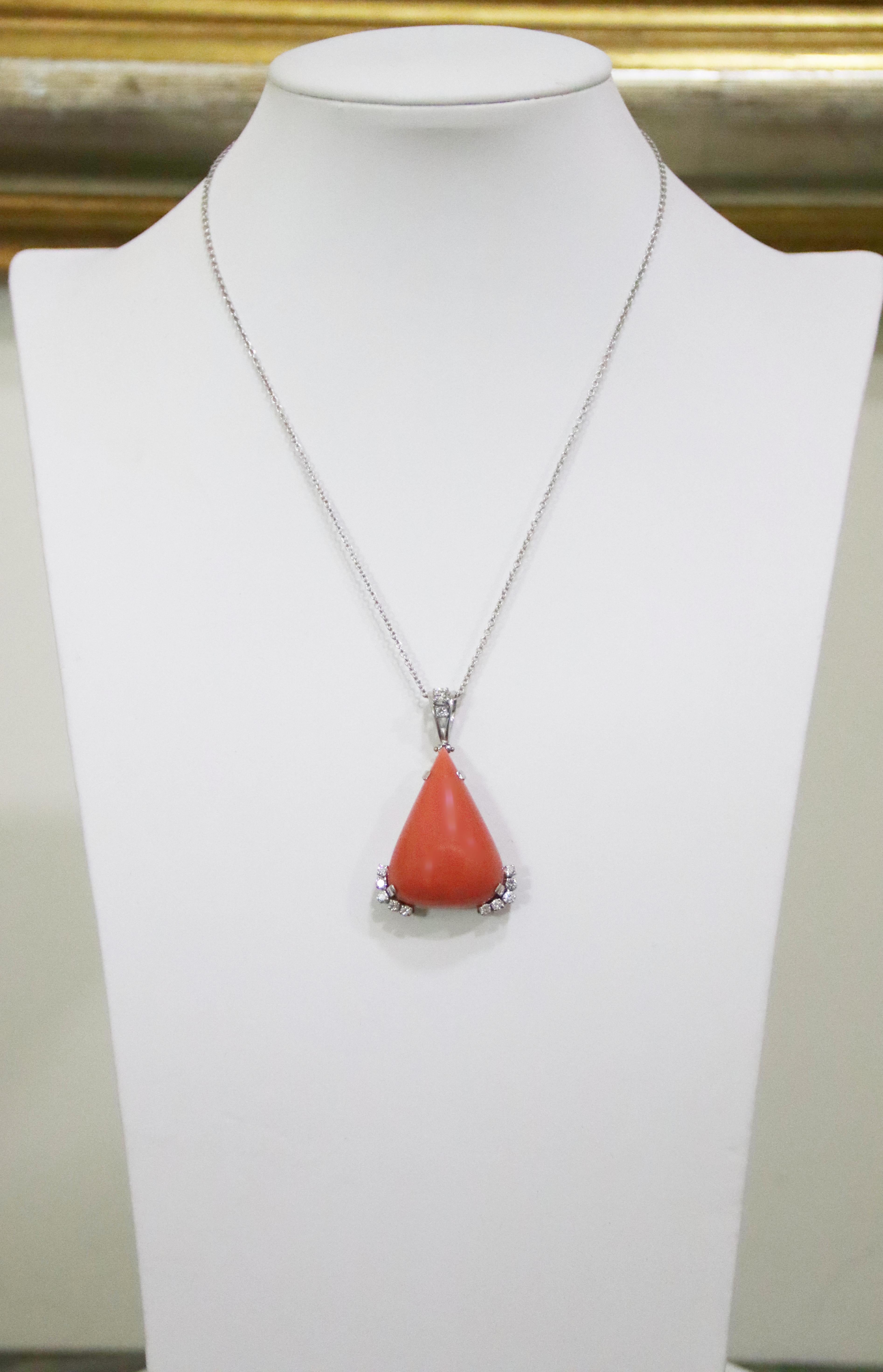 Women's Coral Diamonds White Gold 18 Karat Drop Necklace For Sale