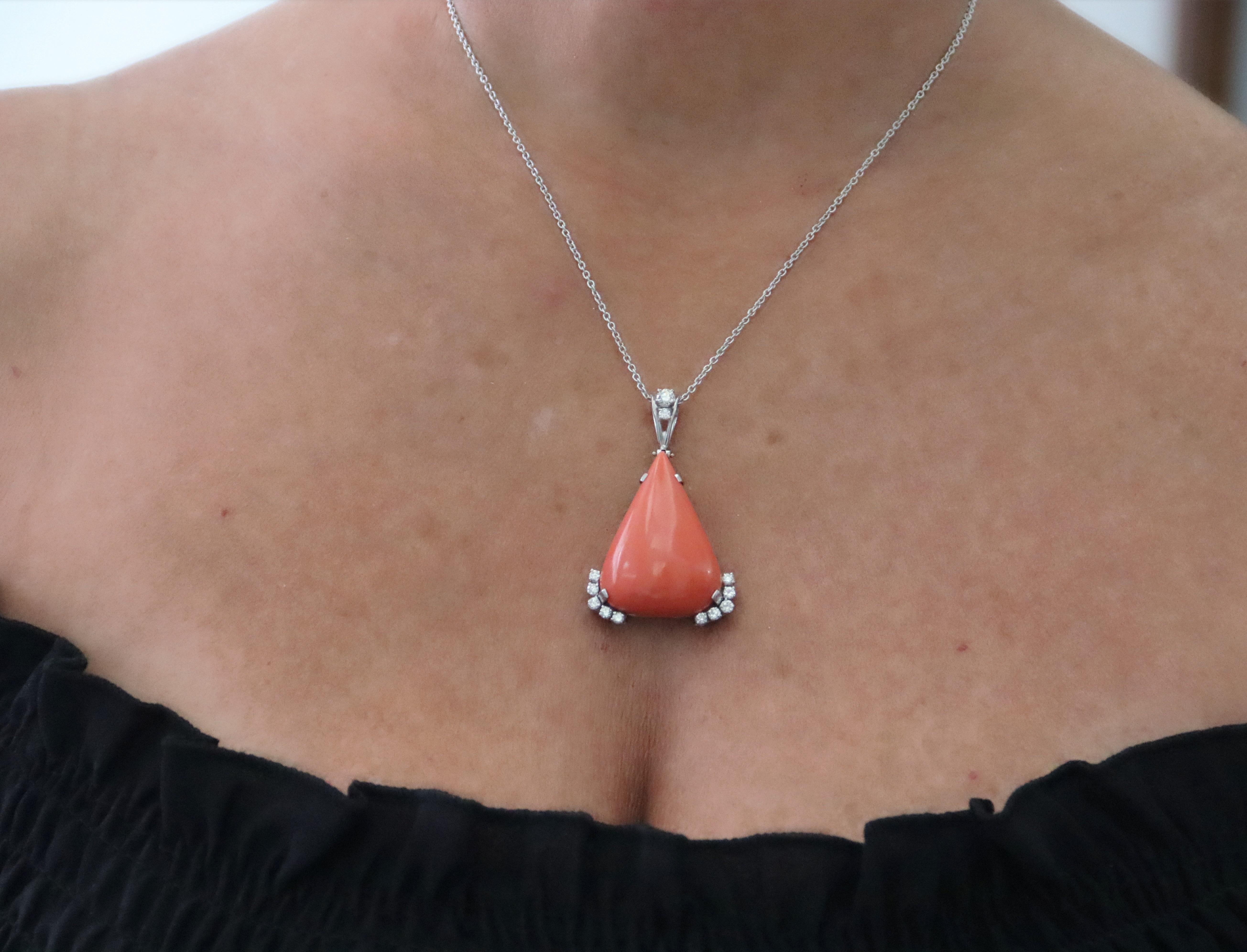 Coral Diamonds White Gold 18 Karat Drop Necklace For Sale 1