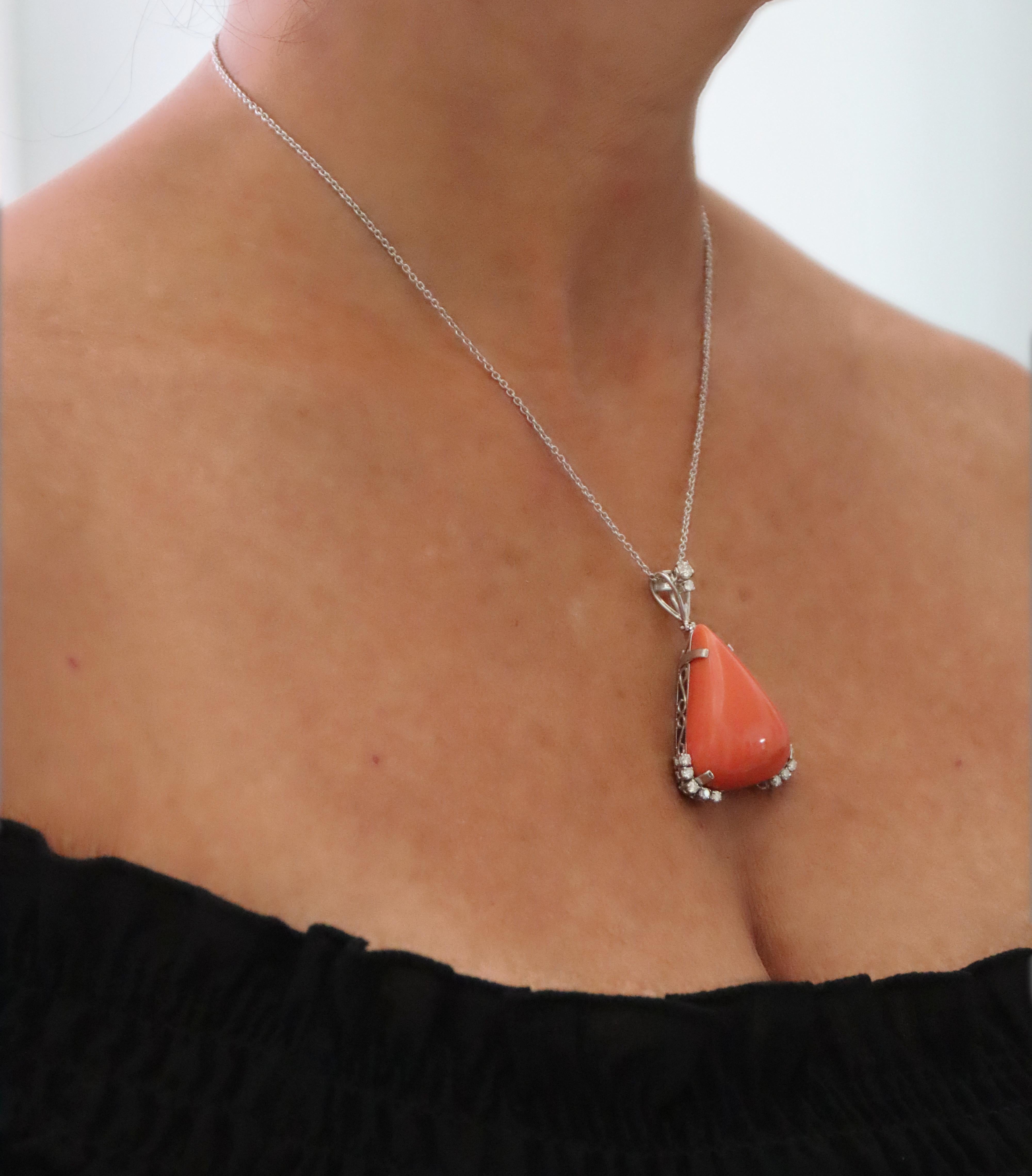 Coral Diamonds White Gold 18 Karat Drop Necklace For Sale 3