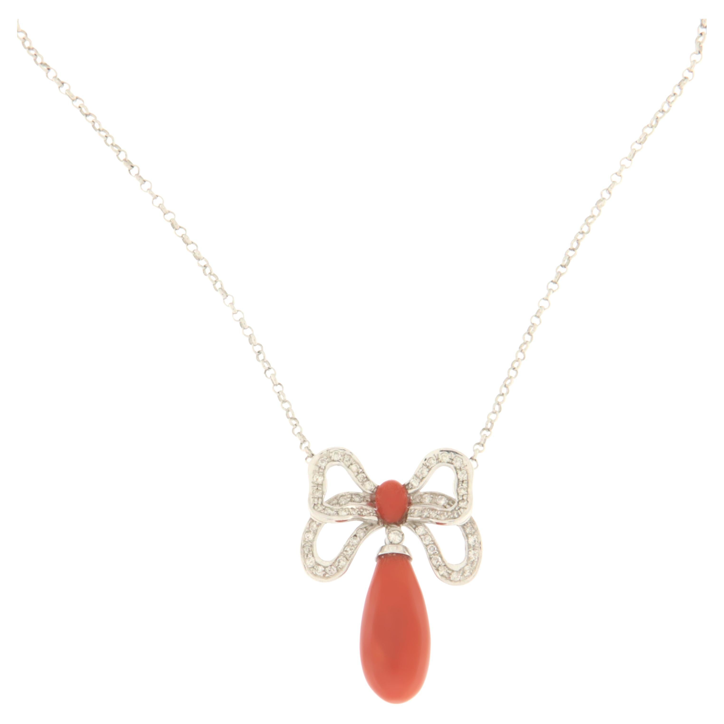 Coral Diamonds White Gold 18 Karat  Drop Necklace For Sale