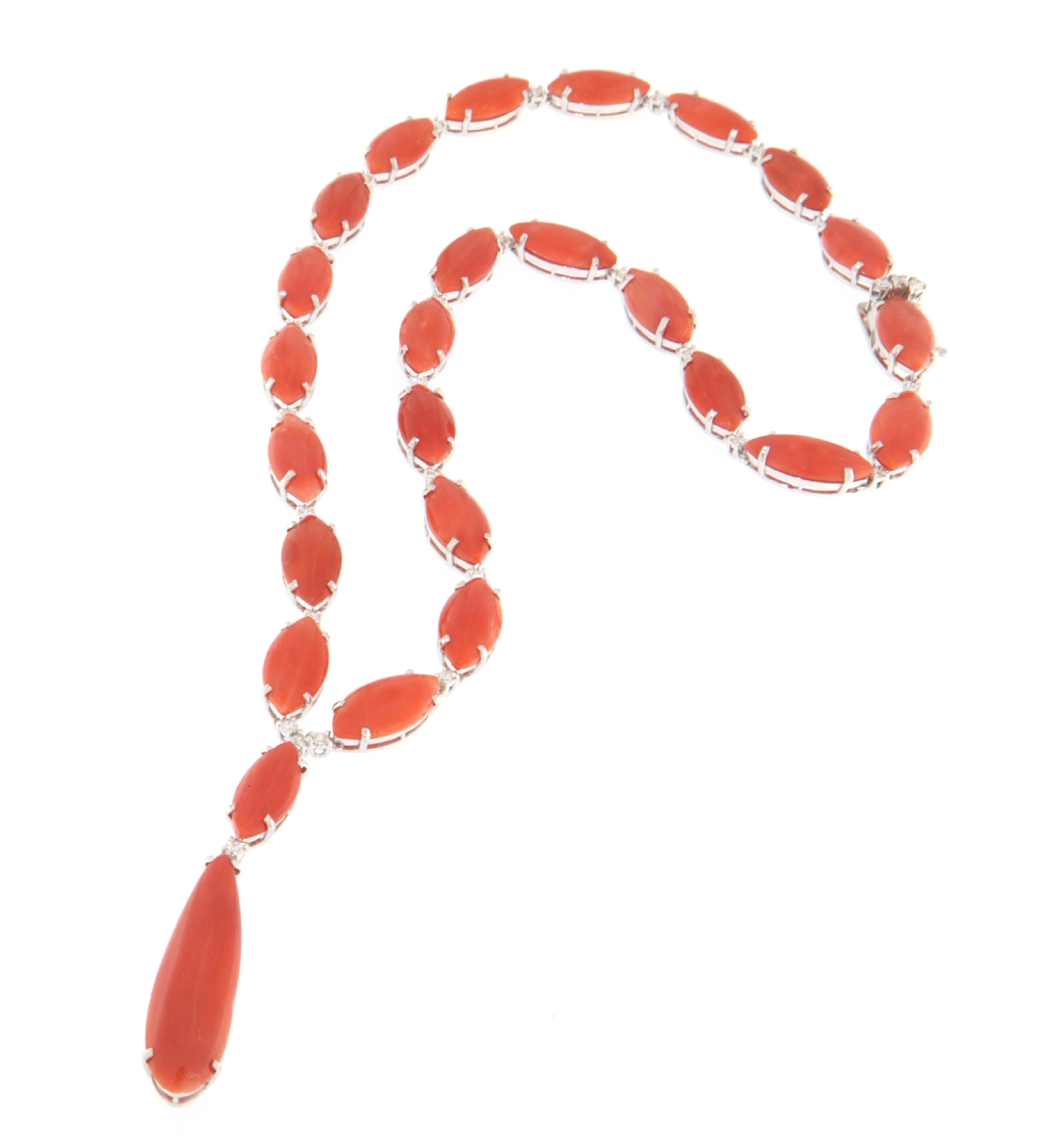 Artisan Coral Diamonds White Gold 18 Karat Pendant Necklace For Sale