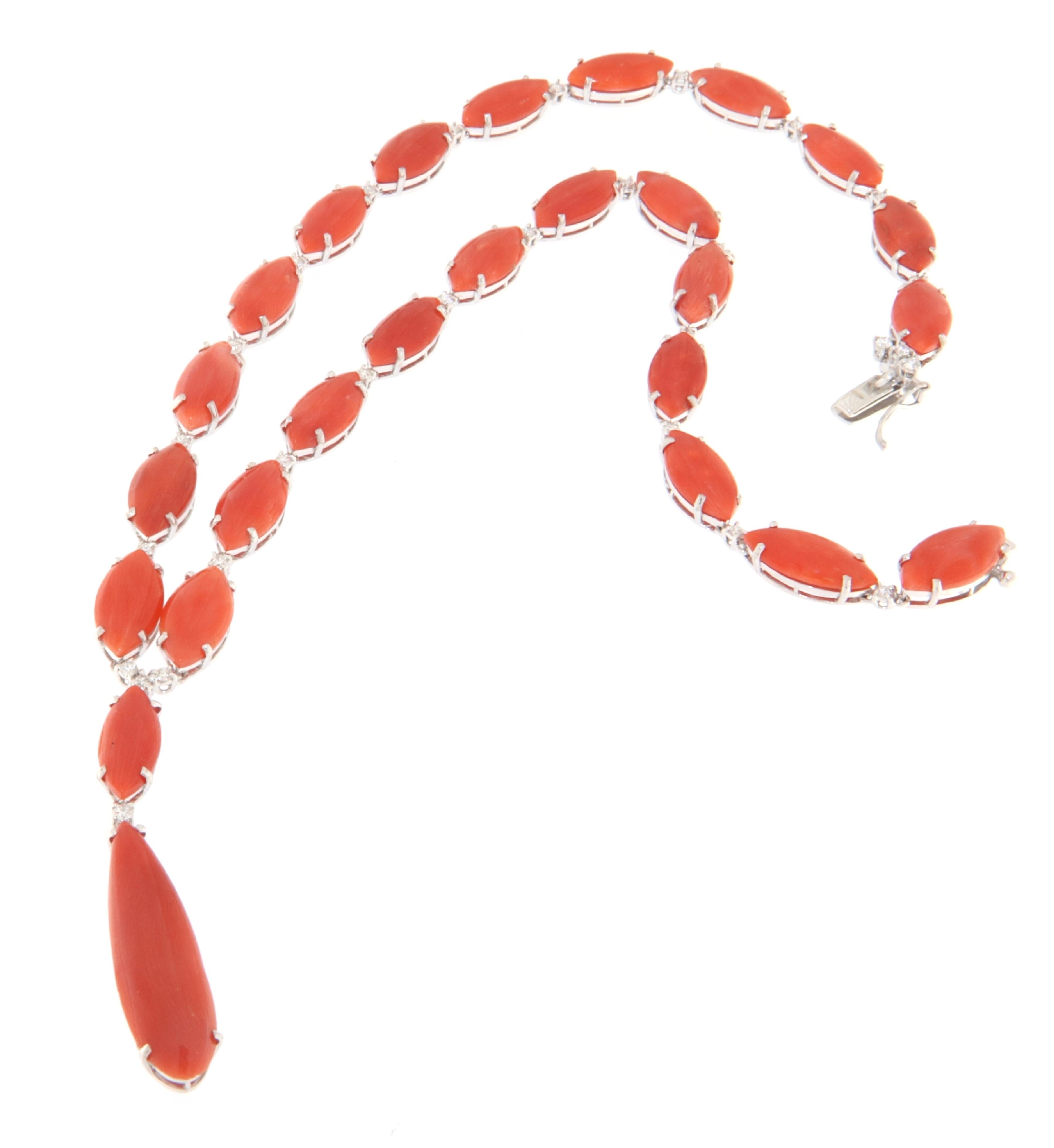 Brilliant Cut Coral Diamonds White Gold 18 Karat Pendant Necklace For Sale