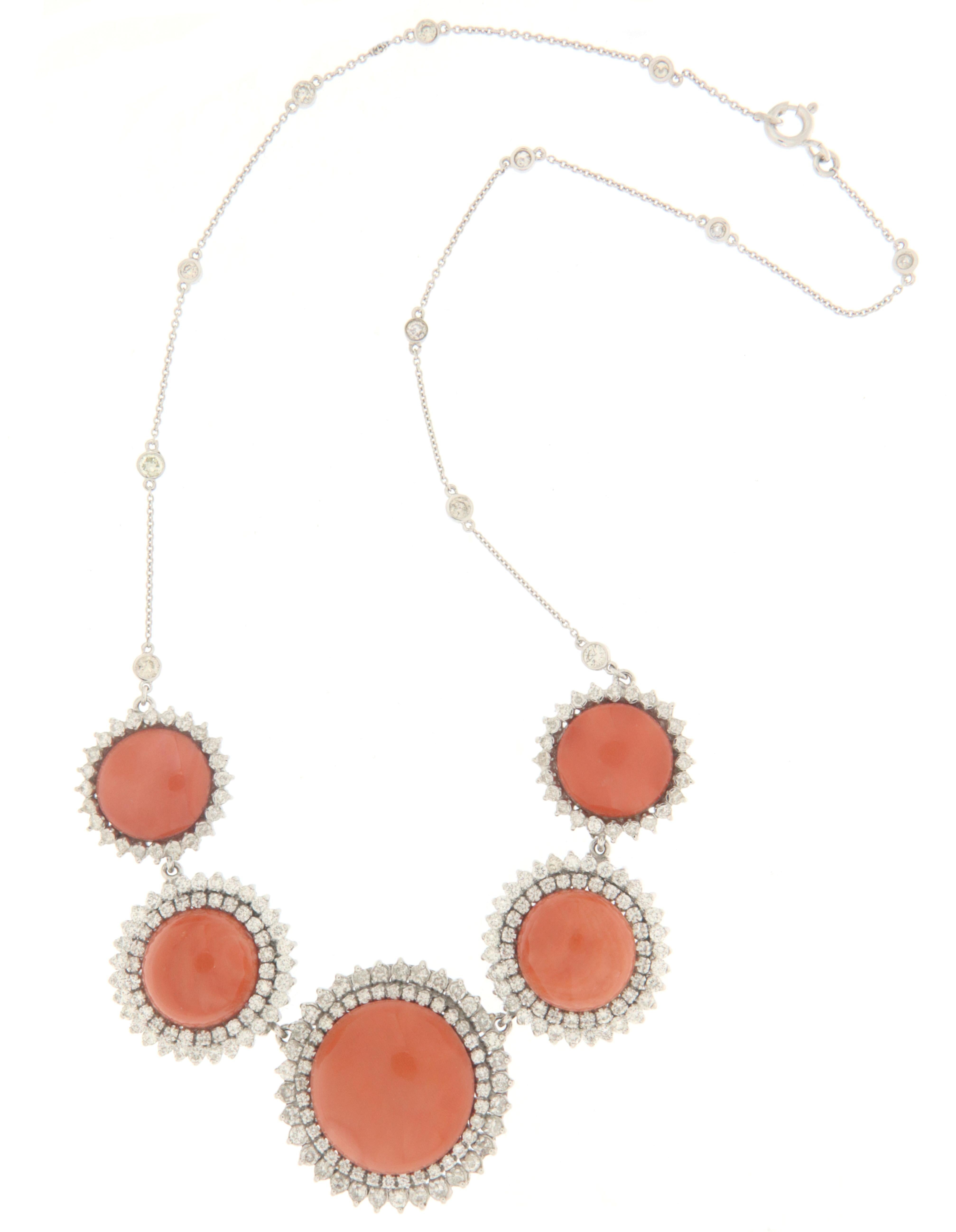 Women's Coral Diamonds White Gold 18 Karat Pendant Necklace For Sale