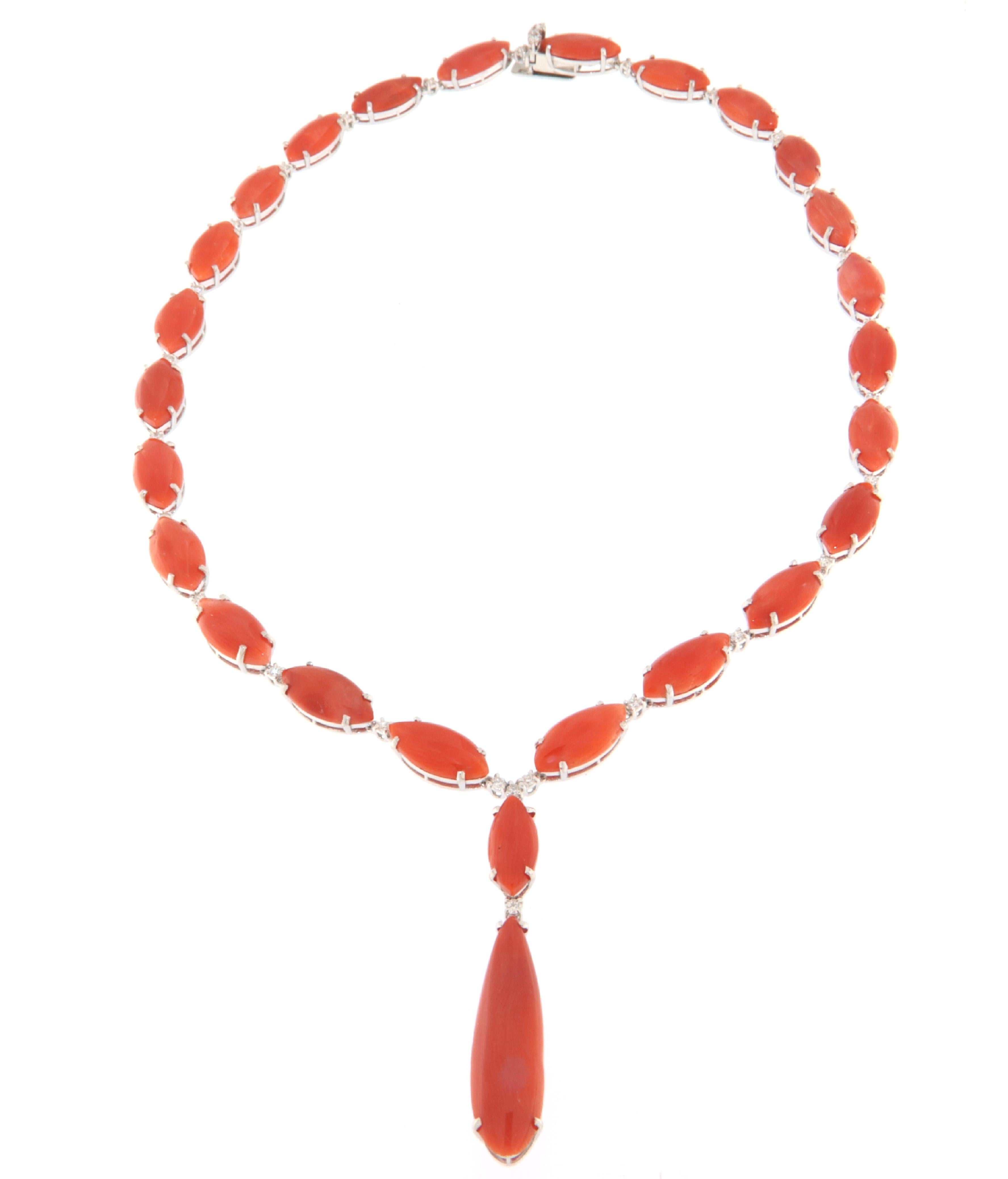 Women's Coral Diamonds White Gold 18 Karat Pendant Necklace For Sale