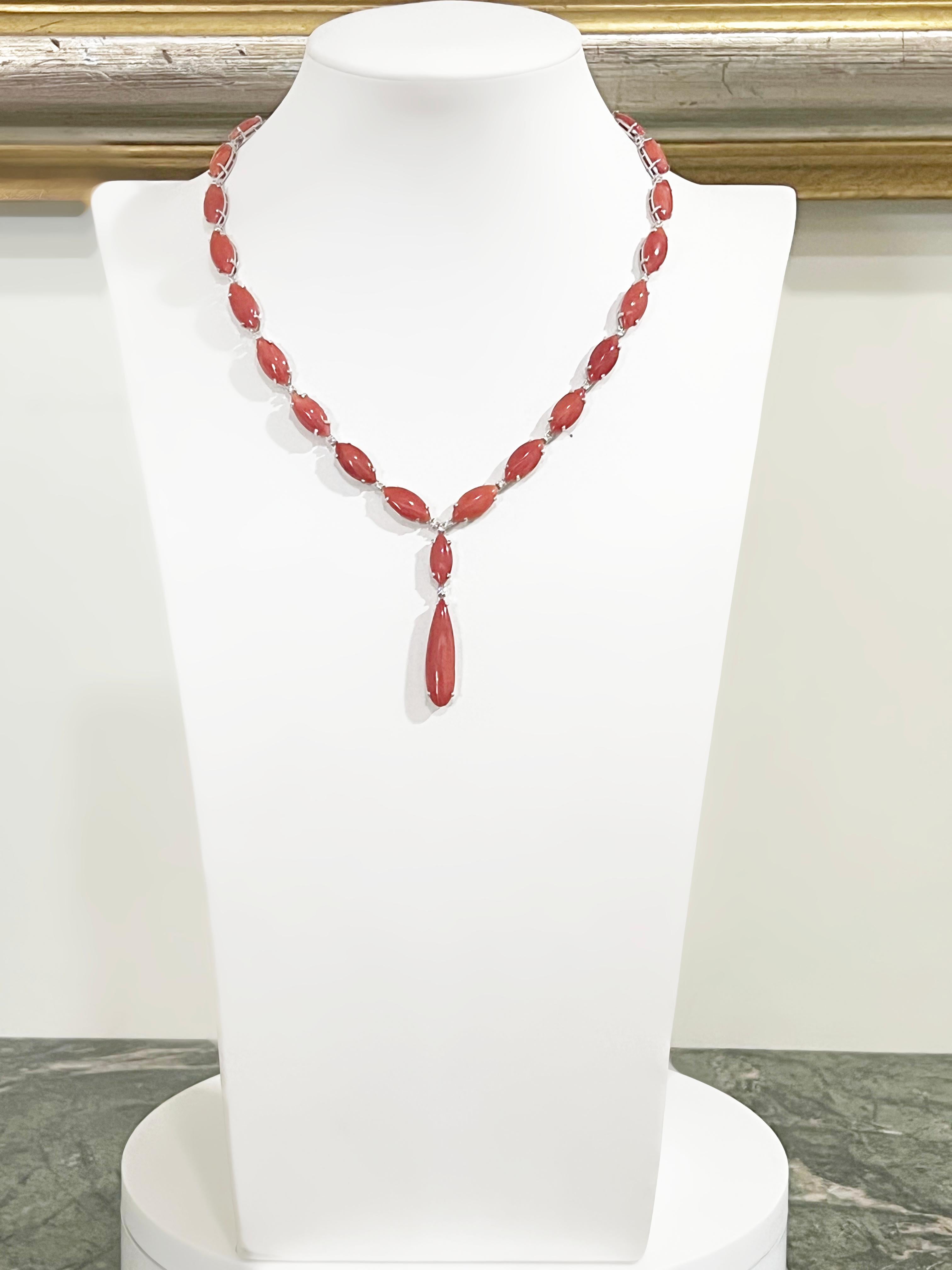 Coral Diamonds White Gold 18 Karat Pendant Necklace For Sale 1