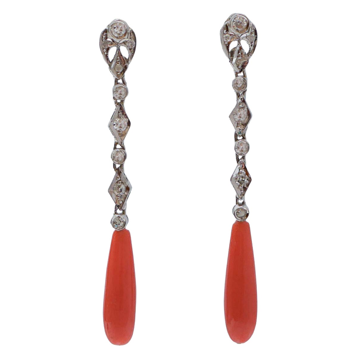 Coral, Diamonds, White Gold Earrings. For Sale