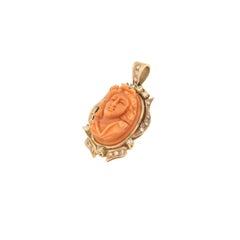 Artisan 14k Yellow Gold Coral and Diamond Pendant, Italy, 1980s