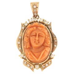 Retro Coral Diamonds Yellow Gold 14 Carat Pendant