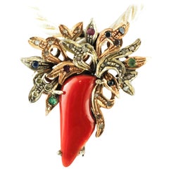 Coral, Diamonds, Emeralds Ruby Sapphires Gold & Silver Vintage Horn-Shaped Pendant