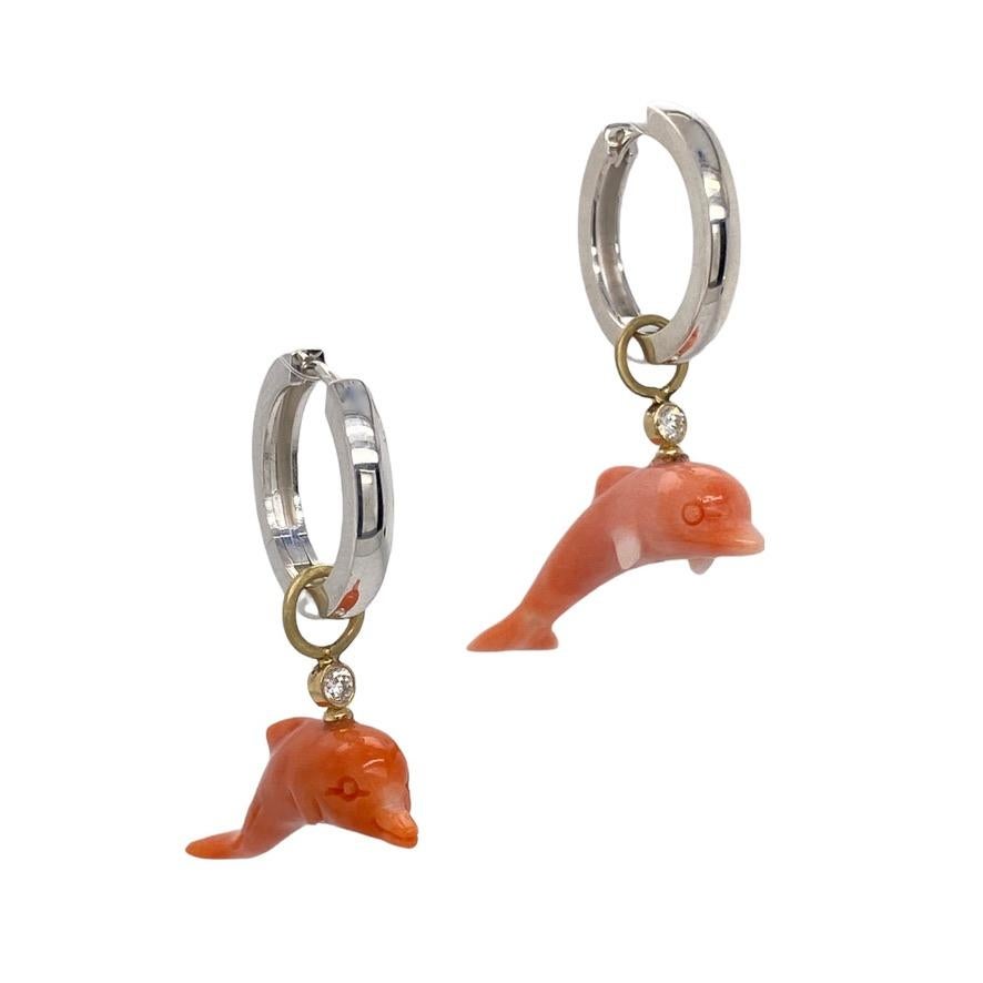 Artist Coral Dolphins and 18k Gold on Diamond Hoops For Sale