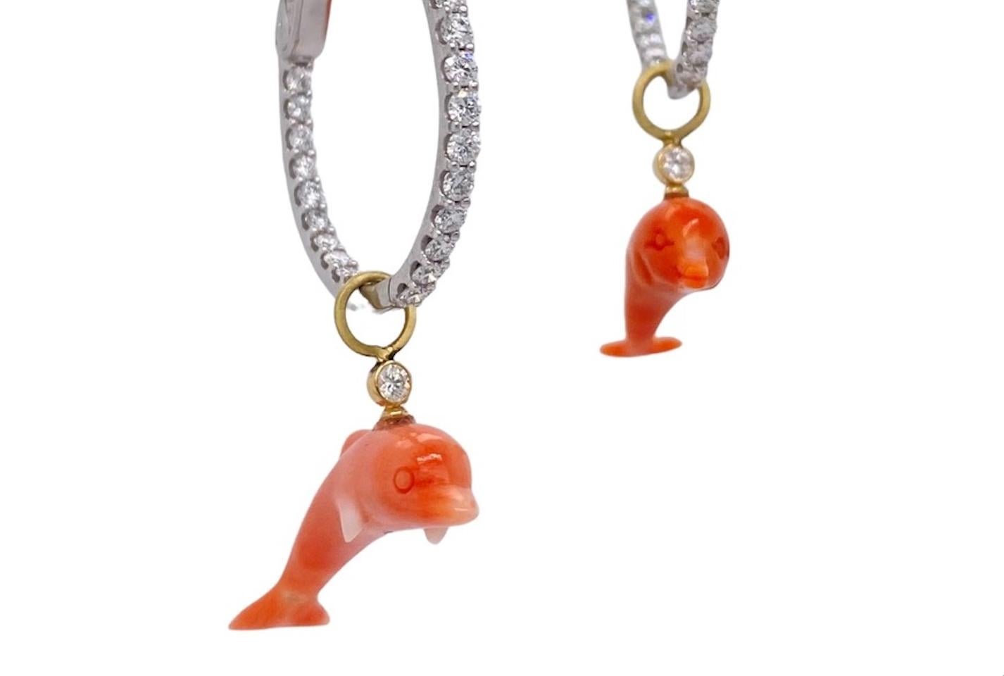 Brilliant Cut Coral Dolphins and 18k Gold on Diamond Hoops For Sale