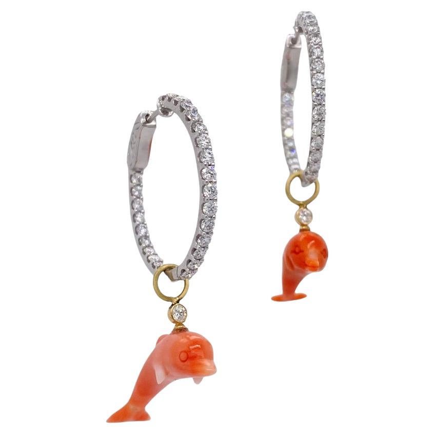 Coral Dolphins and 18k Gold on Diamond Hoops For Sale