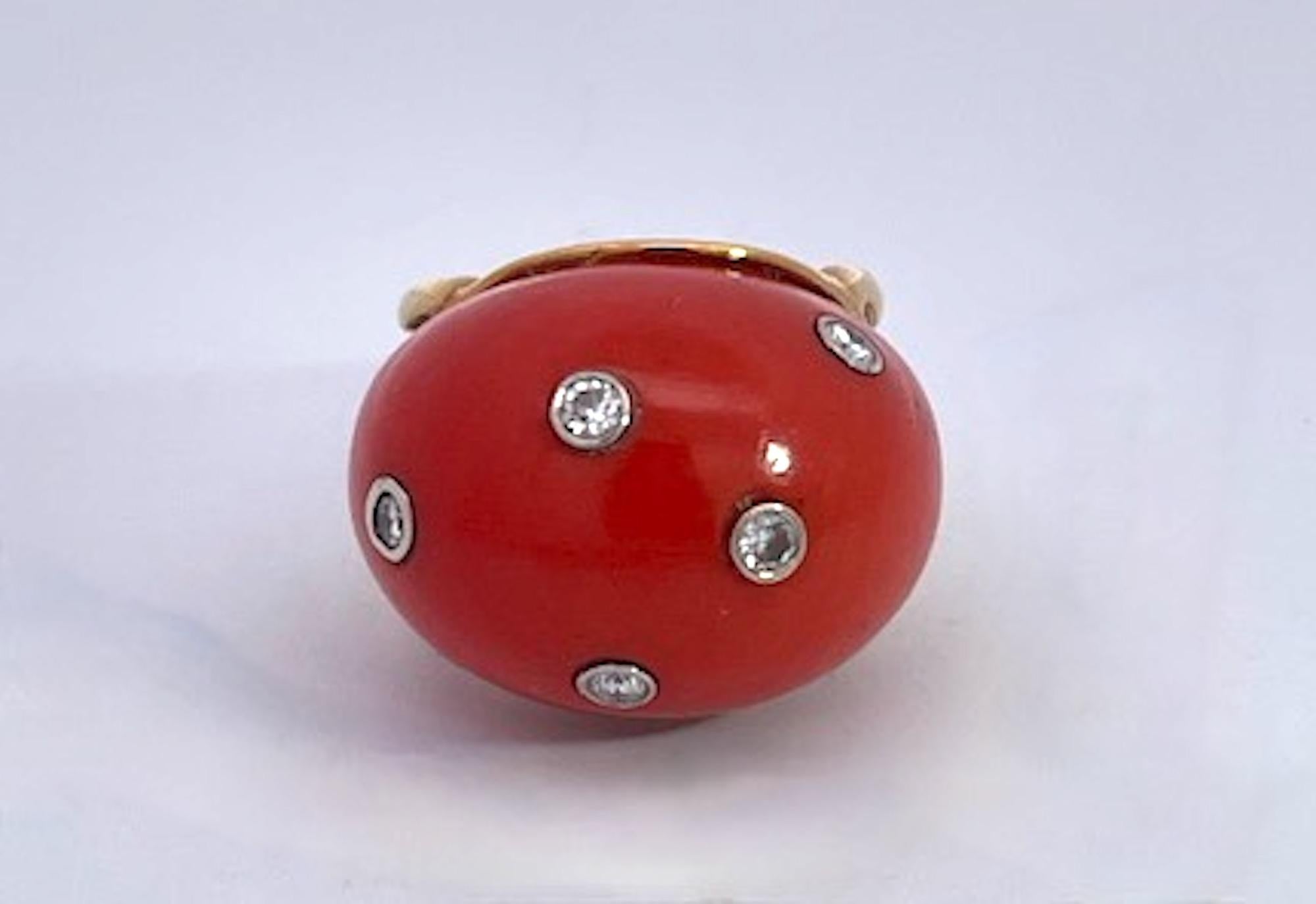 Anello a cupola di corallo con diamanti 14K in vendita 6