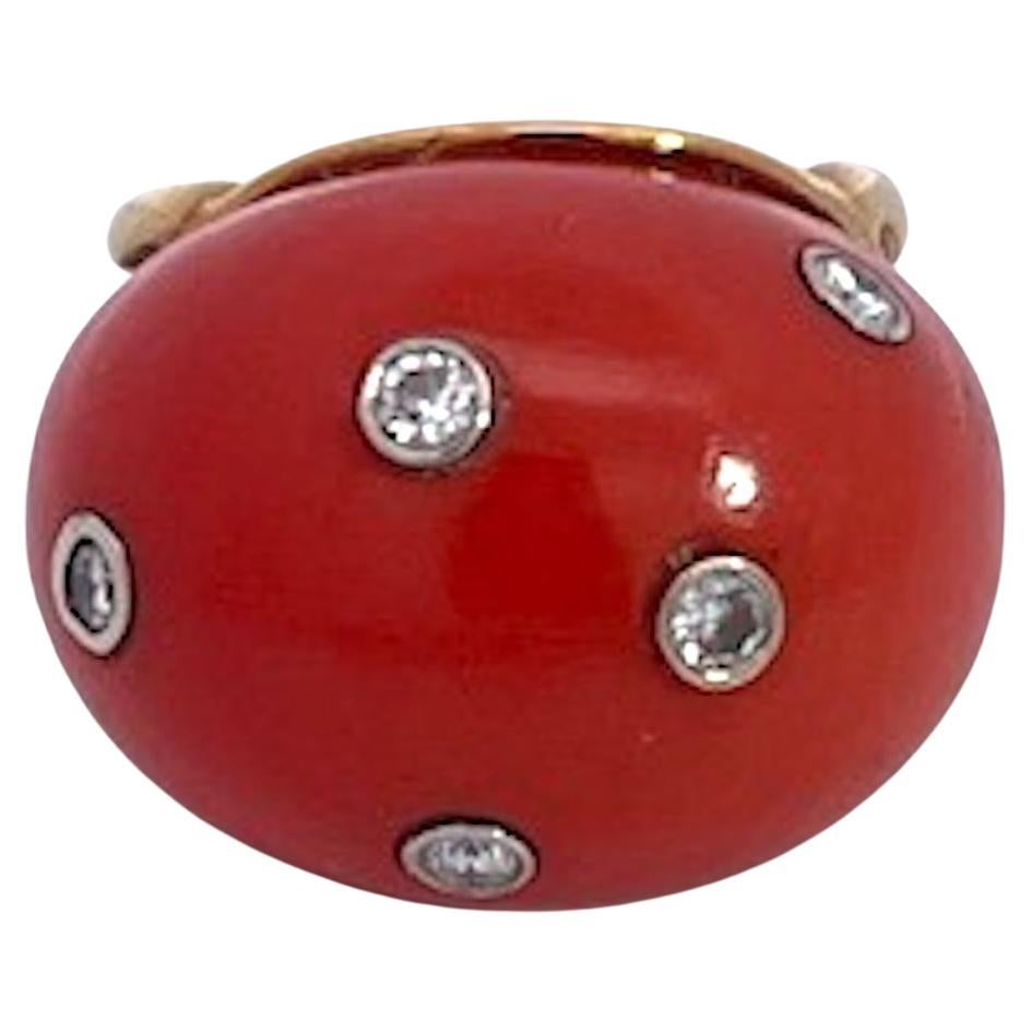 Coral Dome Ring with Diamonds 14K For Sale