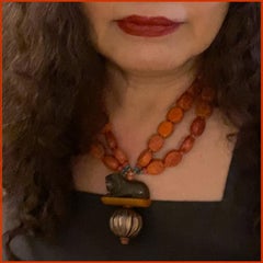 Coral Double Strand Necklace with Stone Lion Pendant