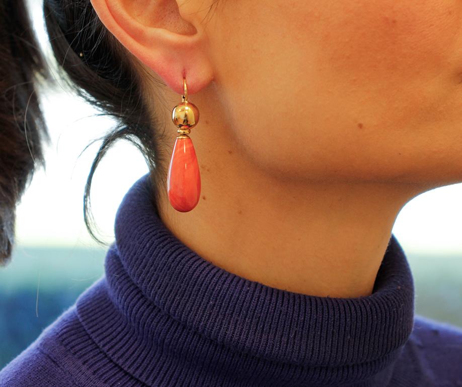 Women's Coral Drop, 18 Karat Yellow Gold Dangle Earrings