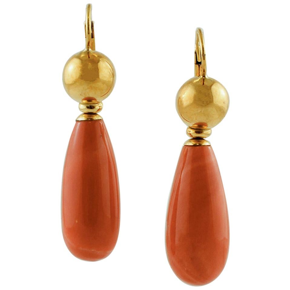 Coral Drop, 18 Karat Yellow Gold Dangle Earrings