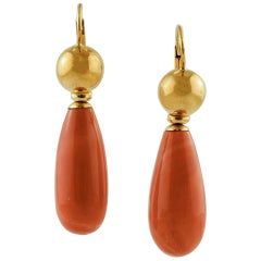 Coral Drop, 18 Karat Yellow Gold Dangle Earrings