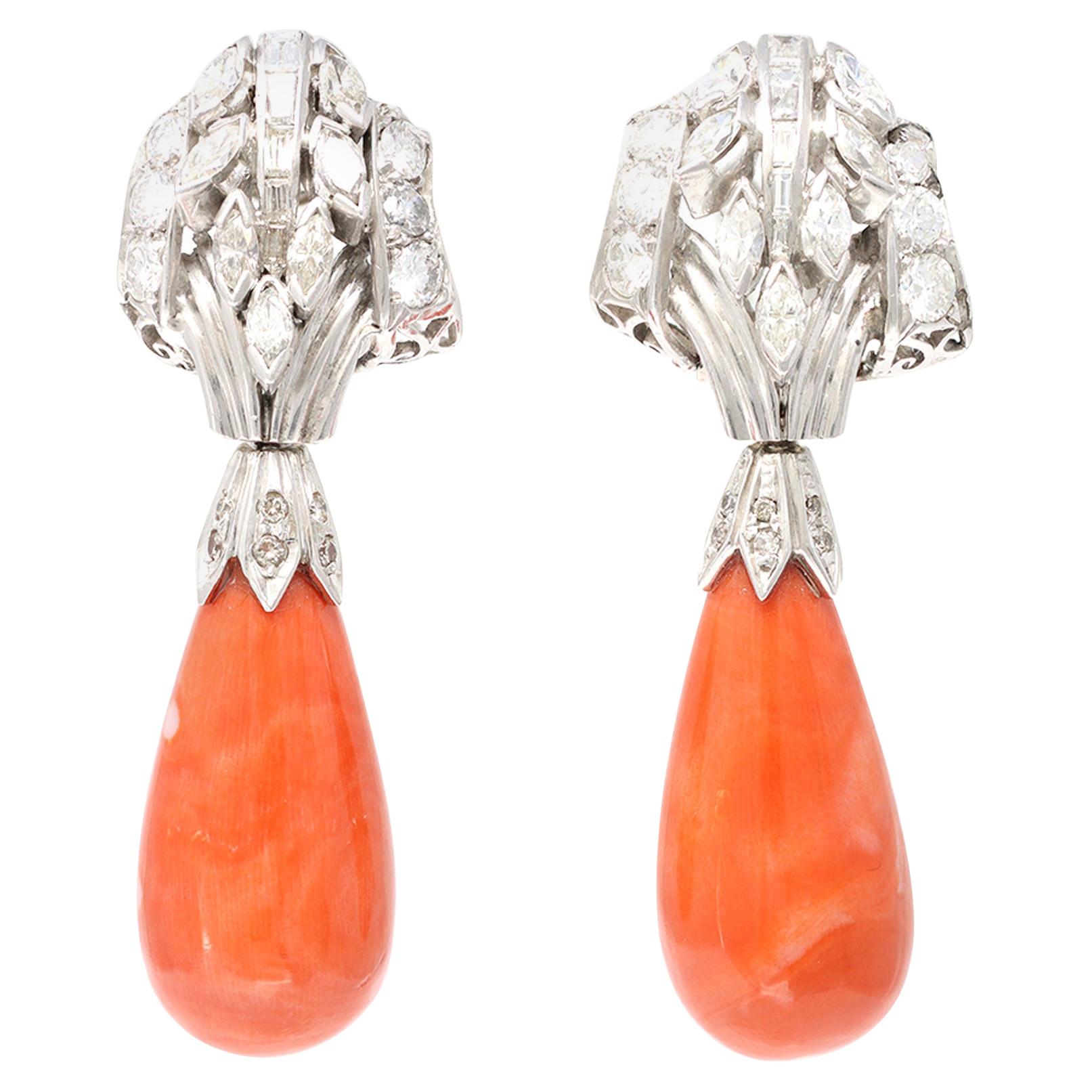 Coral Drop and Diamond Earrings Circa 1950 in Platinum For Sale