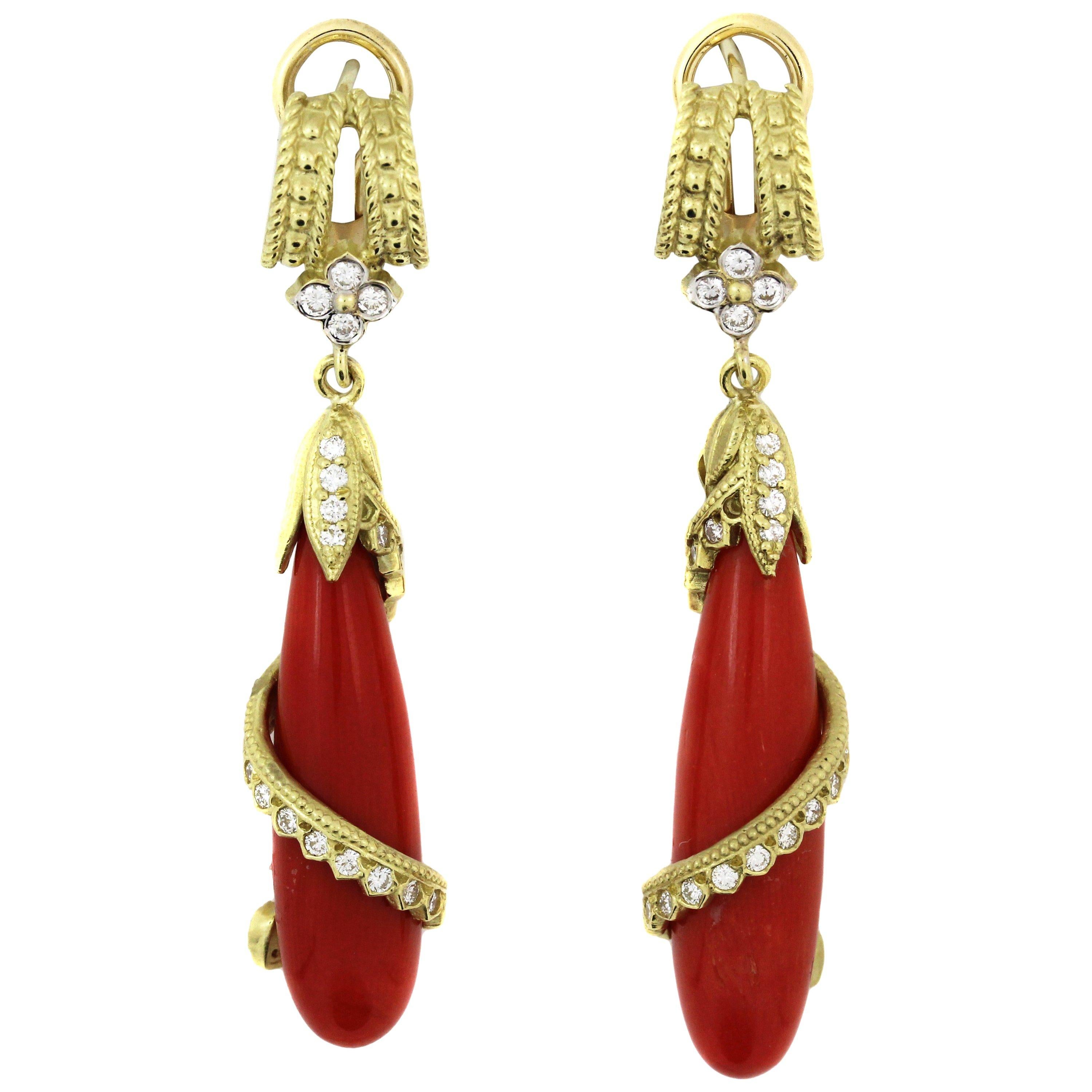 Coral Drop Earrings with Yellow Gold and Diamonds Stambolian